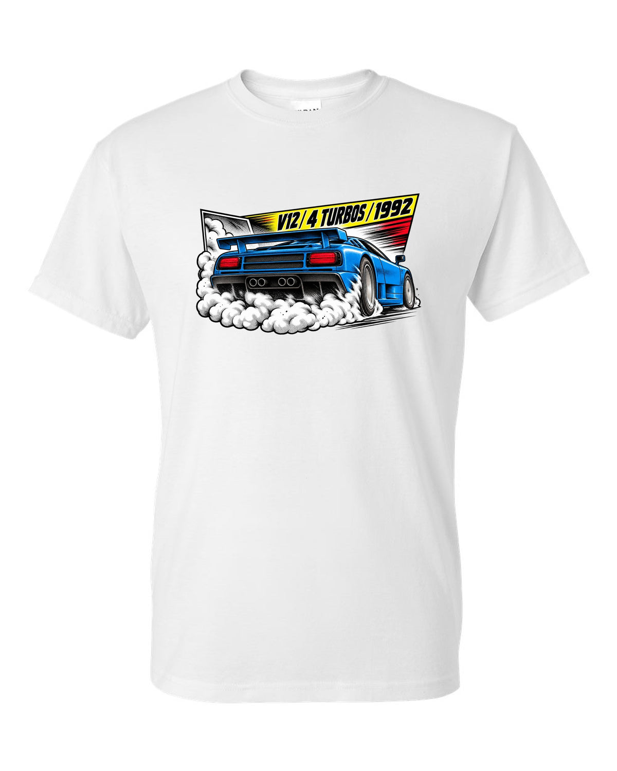 Retro manga halftone panel of a Bugatti EB110 SS burnout with V12 4 TURBOS 1992 lettering white t-shirt front view with the design