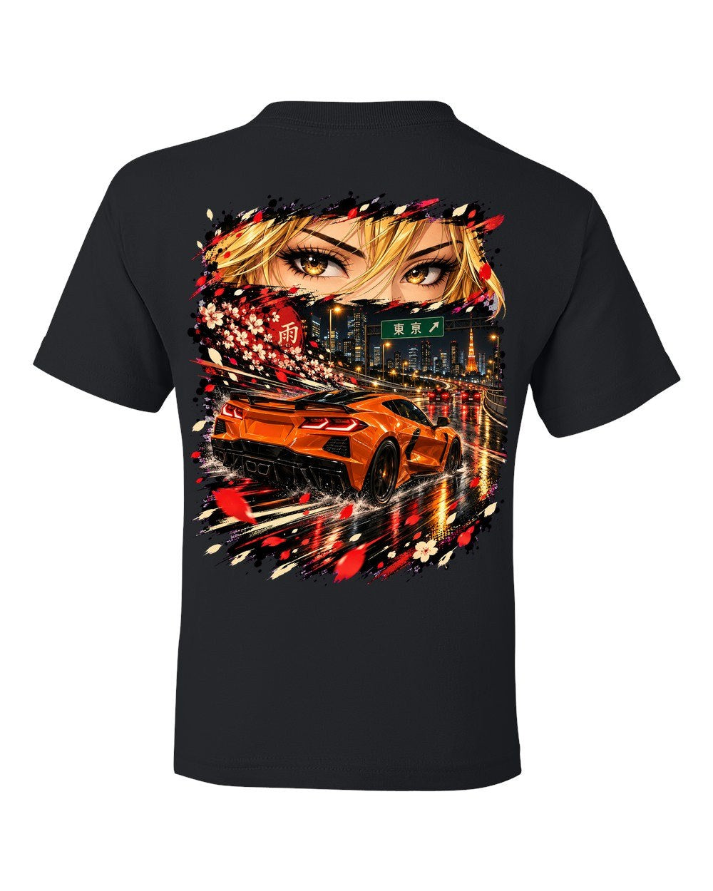 Chevrolet Corvette C8 Z06 Anime Girl Kids Tee Black back