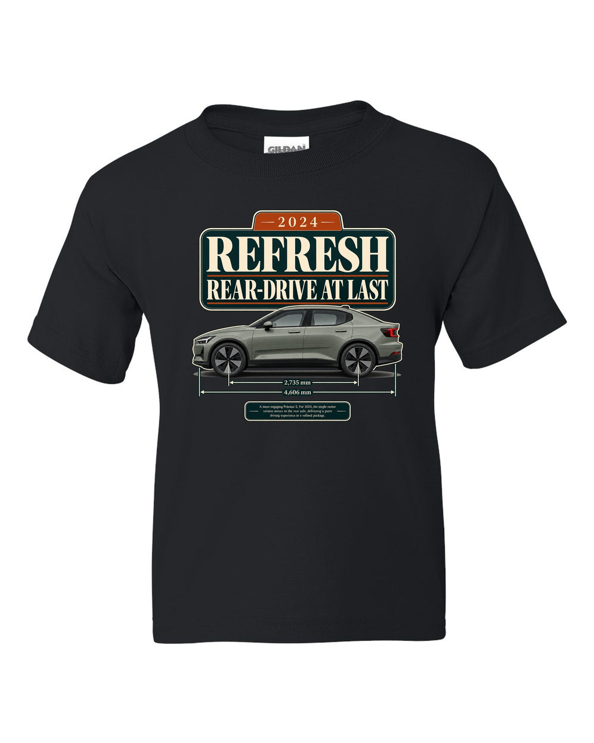 Polestar 2 2024 refresh editorial headline print on a shirt black kids tee front view with the design