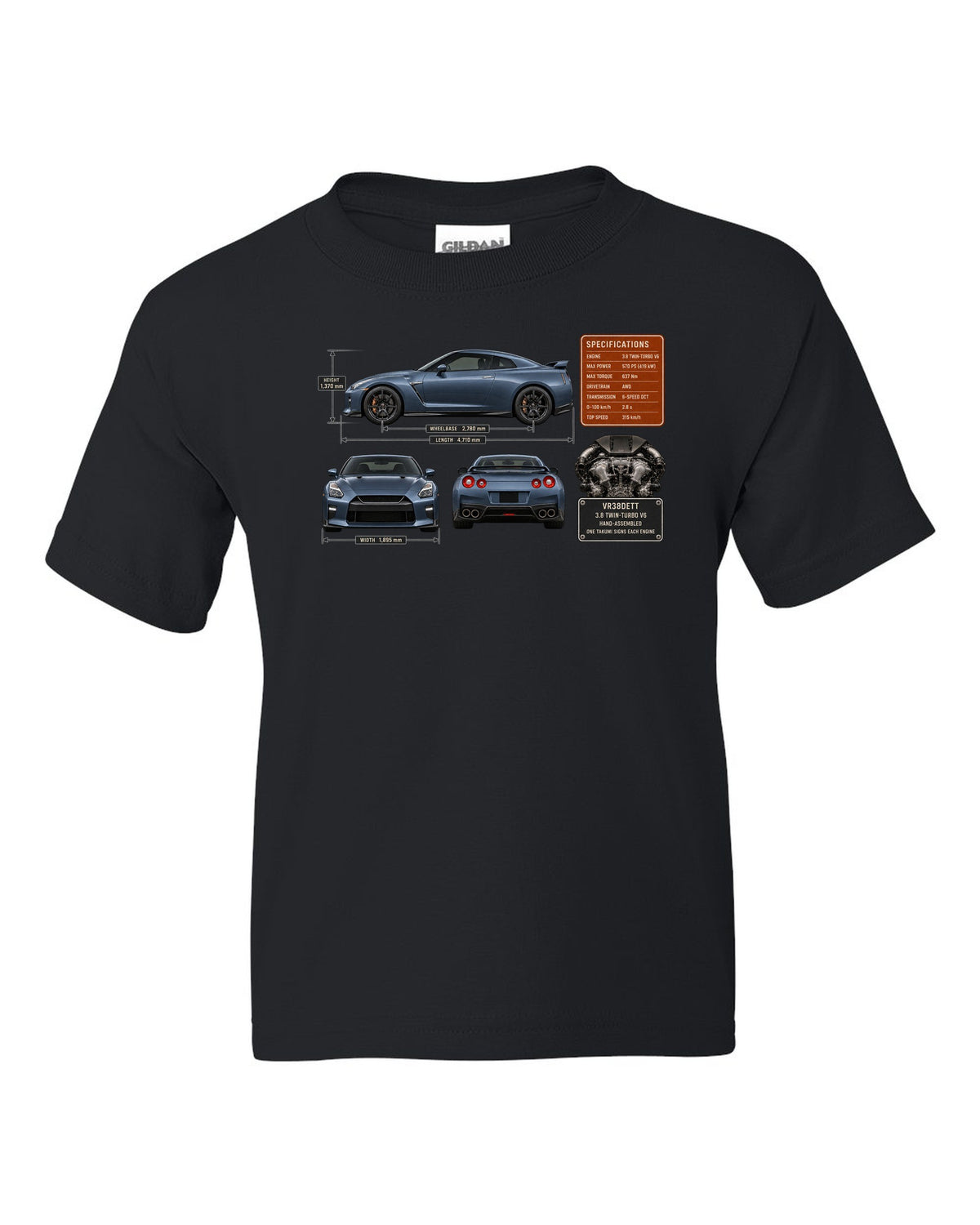 print dimension blueprint of a Nissan GT-R R35 in steel blue black kids tee front view with the design