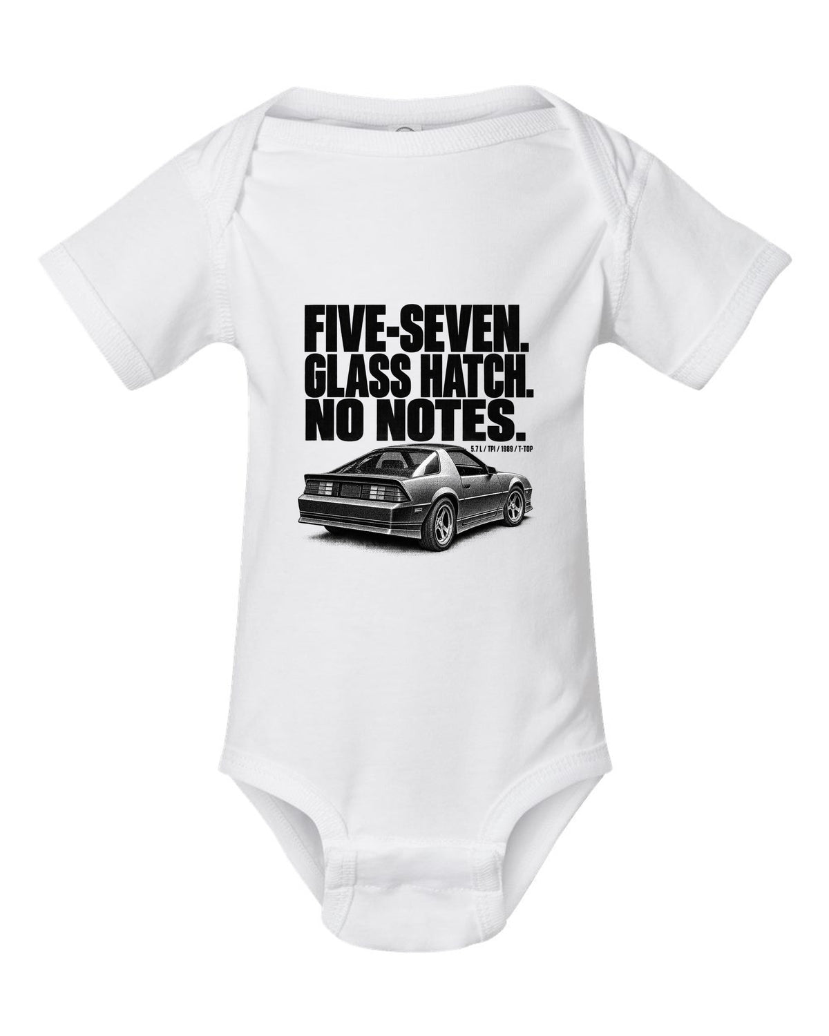 Halftone print of a 1989 Chevrolet Camaro IROC-Z glass ch with five-seven text white baby onesie front view with the design