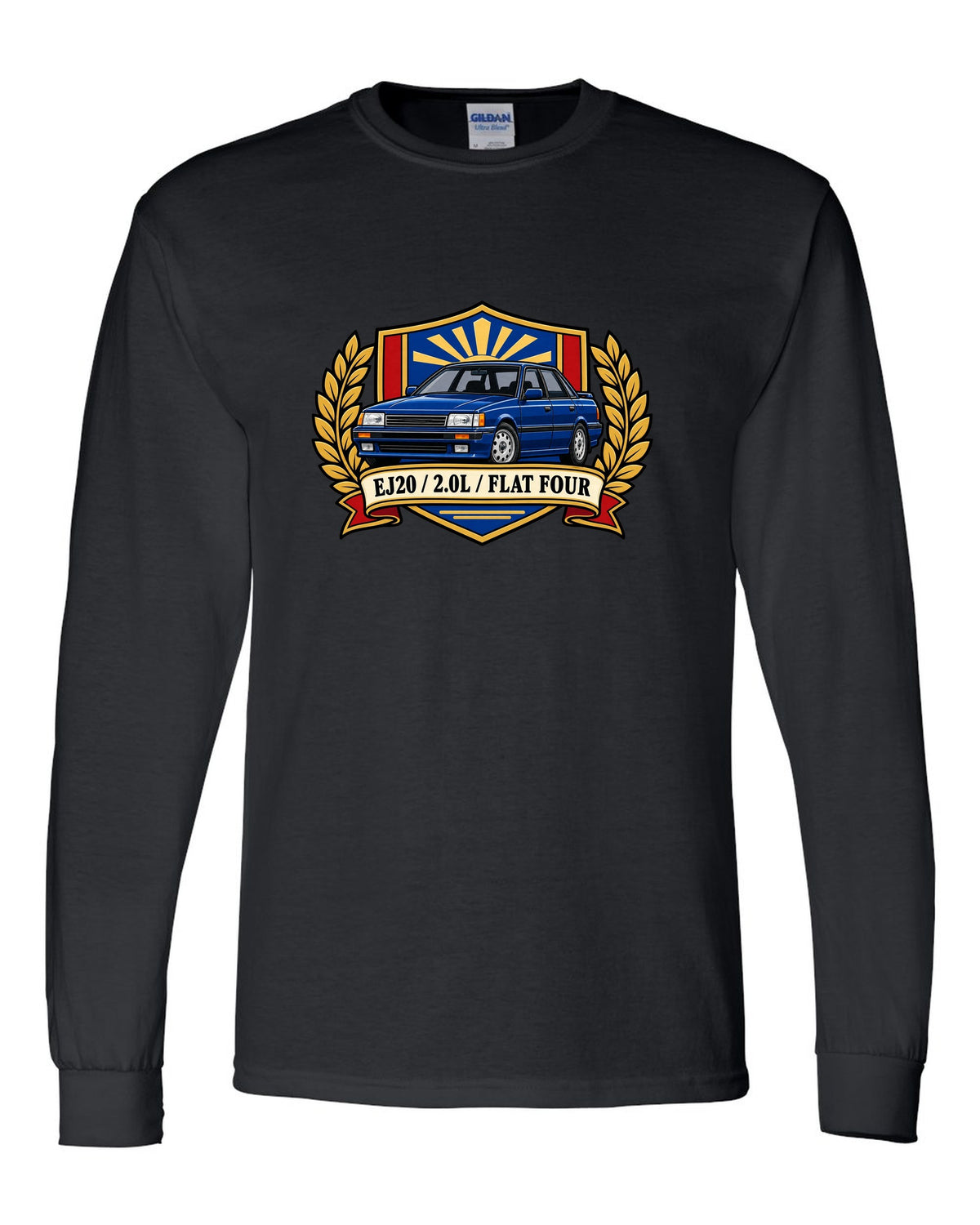 Shield crest design for a Subaru Legacy BC5 RS with EJ20 2.0L flat four text black long sleeve front view with the design