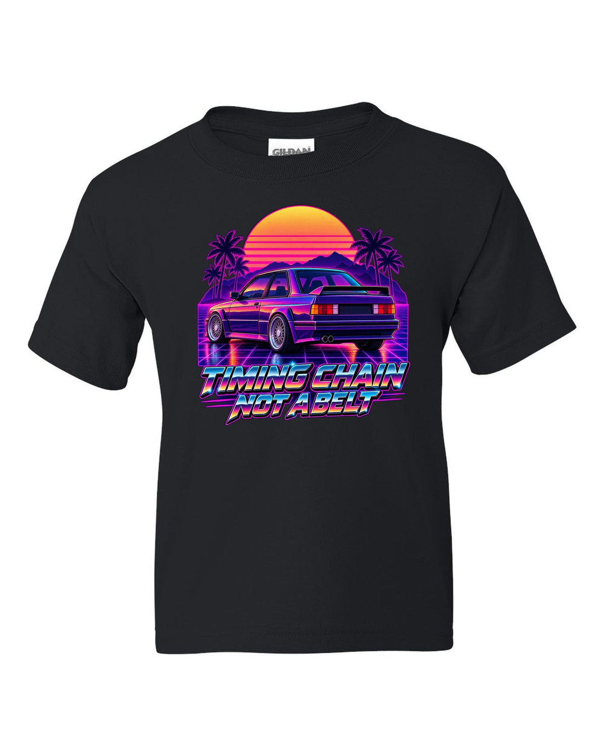 Synthwave outrun illustration of a BMW E30 M3 taillights at dusk with timing chain text black kids tee front view with the design