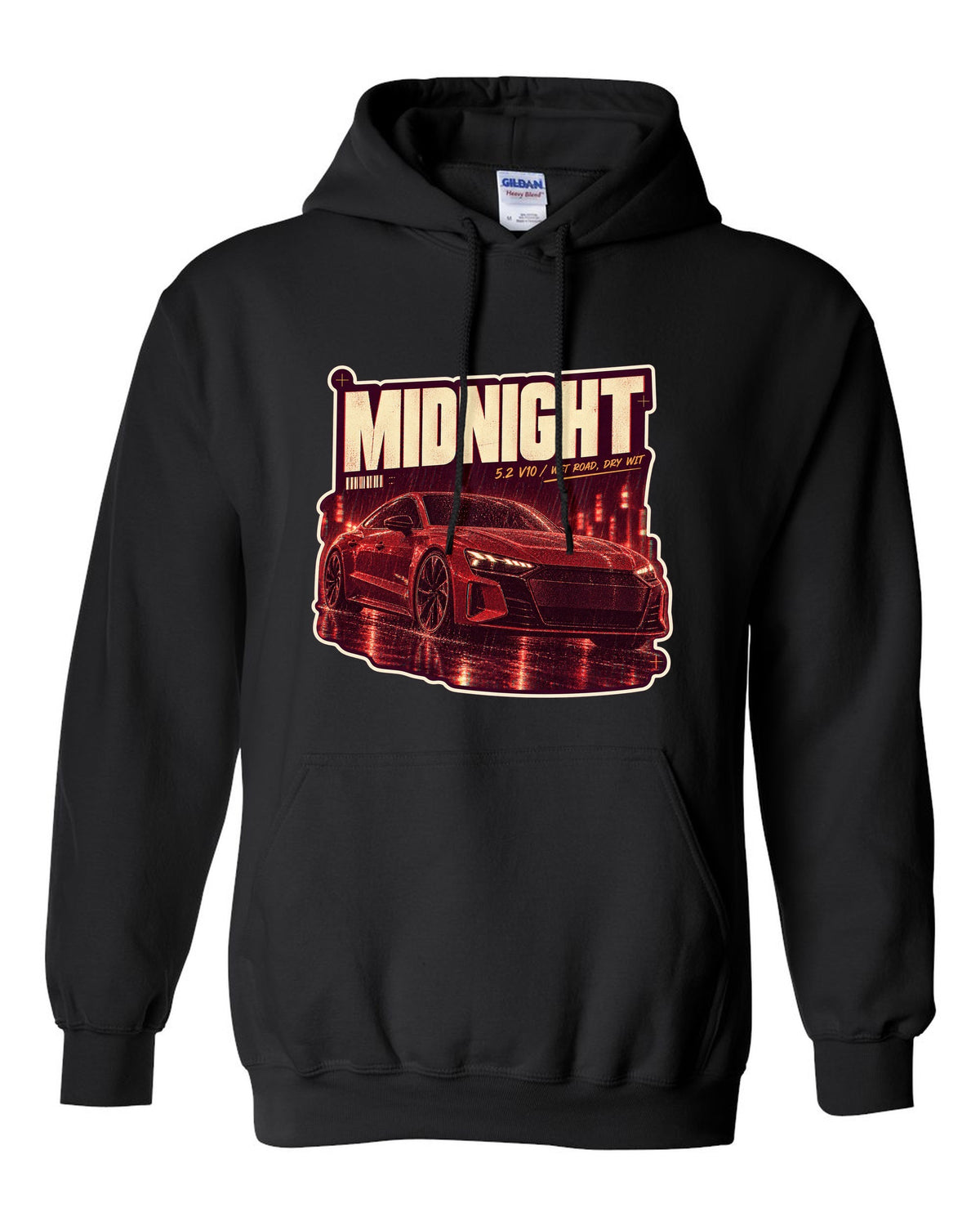Audi R8 V10 performance on a wet night street print design black pull over hoodie front view with the design