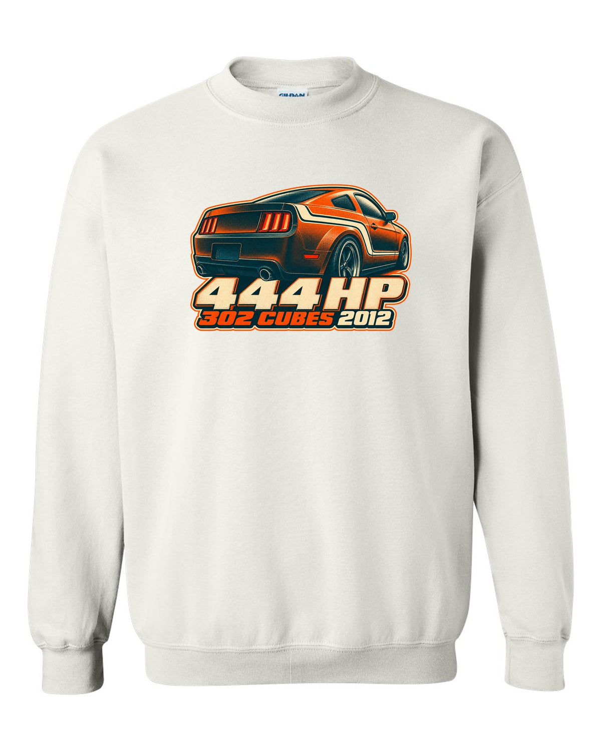 Risograph halftone stripe macro of a 2005-2014 S197 Ford Mustang with 444 HP text white crewneck front view with the design