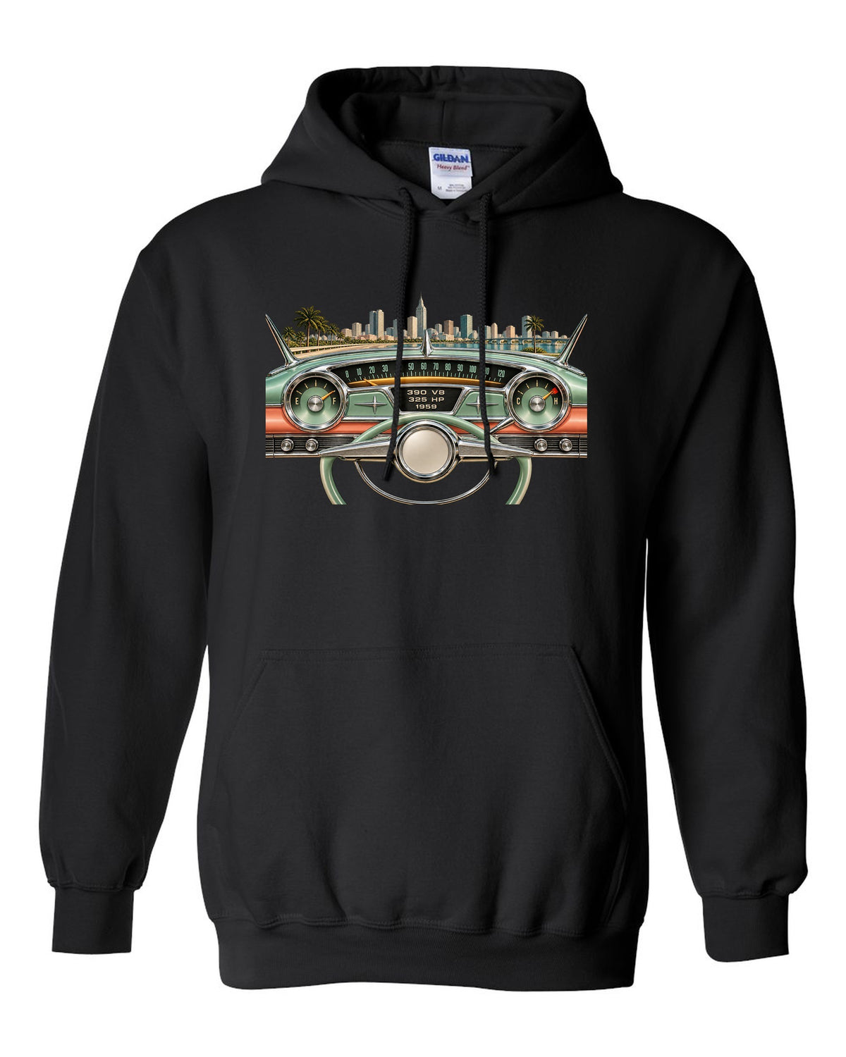 1959 Cadillac Series 62 dashboard instrument cluster HUD graphic with 390 V8 text black pull over hoodie front view with the design
