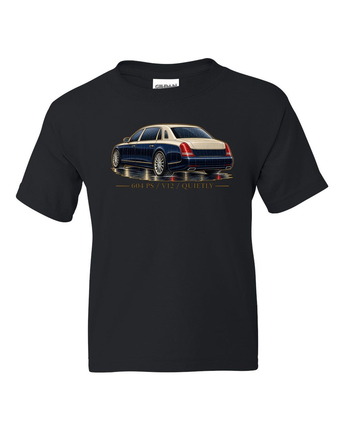 Single-line contour drawing of a Maybach 57 S W240 in rain with 604 PS V12 Quietly text black kids tee front view with the design