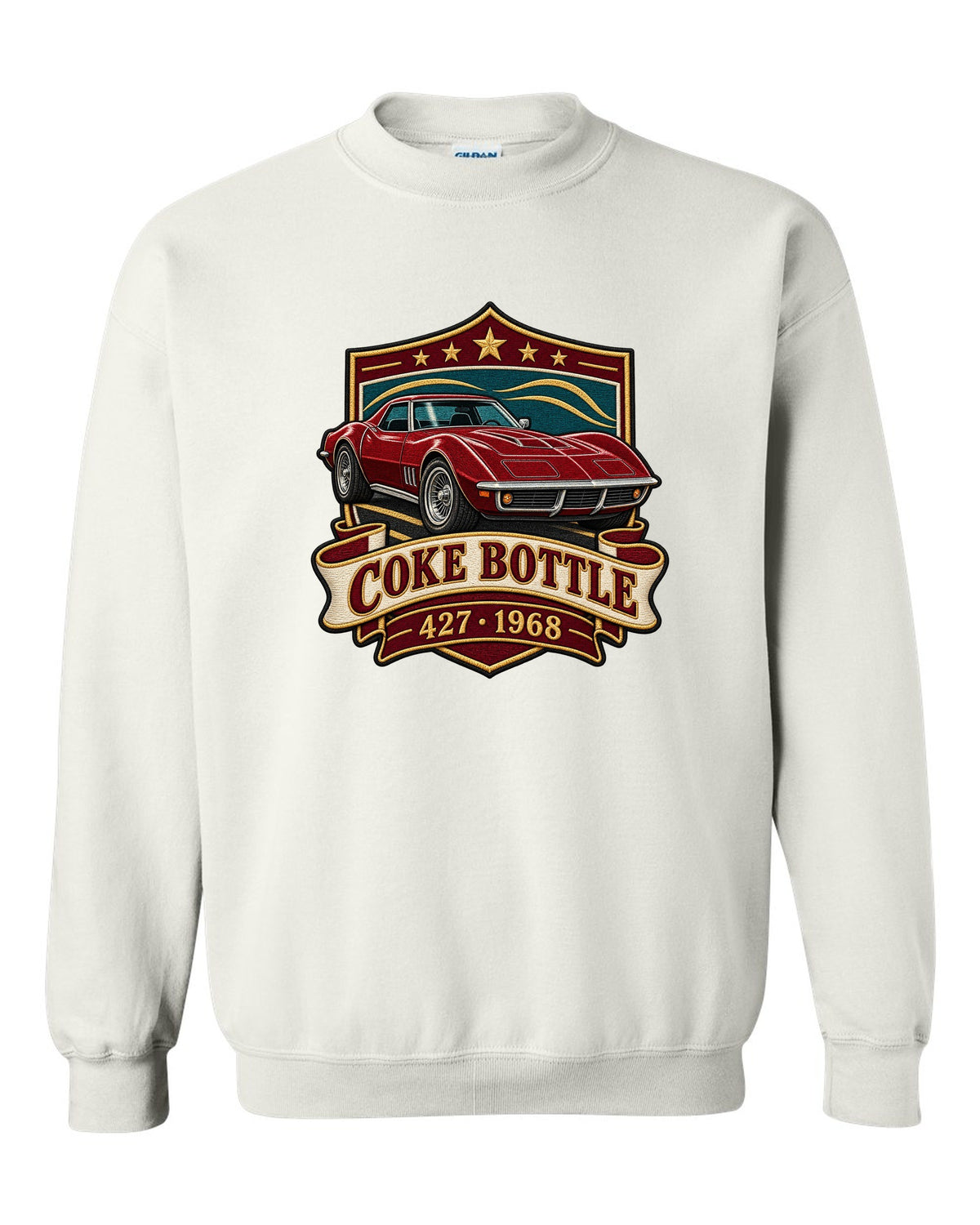 Embroidery style shield crest print of a 1968 Chevrolet Corvette C3 Stingray with Coke Bottle 427 text white crewneck front view with the design
