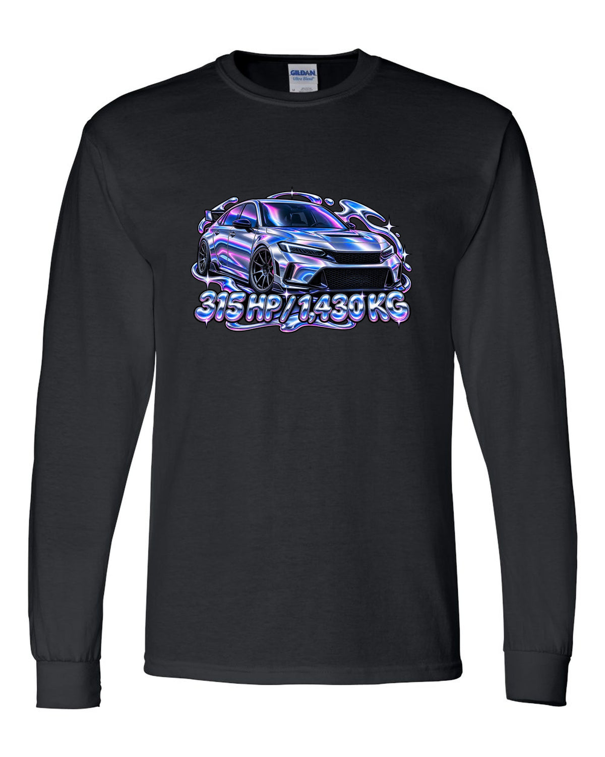 Y2K chrome gradient print of a Honda Civic Type R FL5 with 315 HP and 1,430 KG text black long sleeve front view with the design