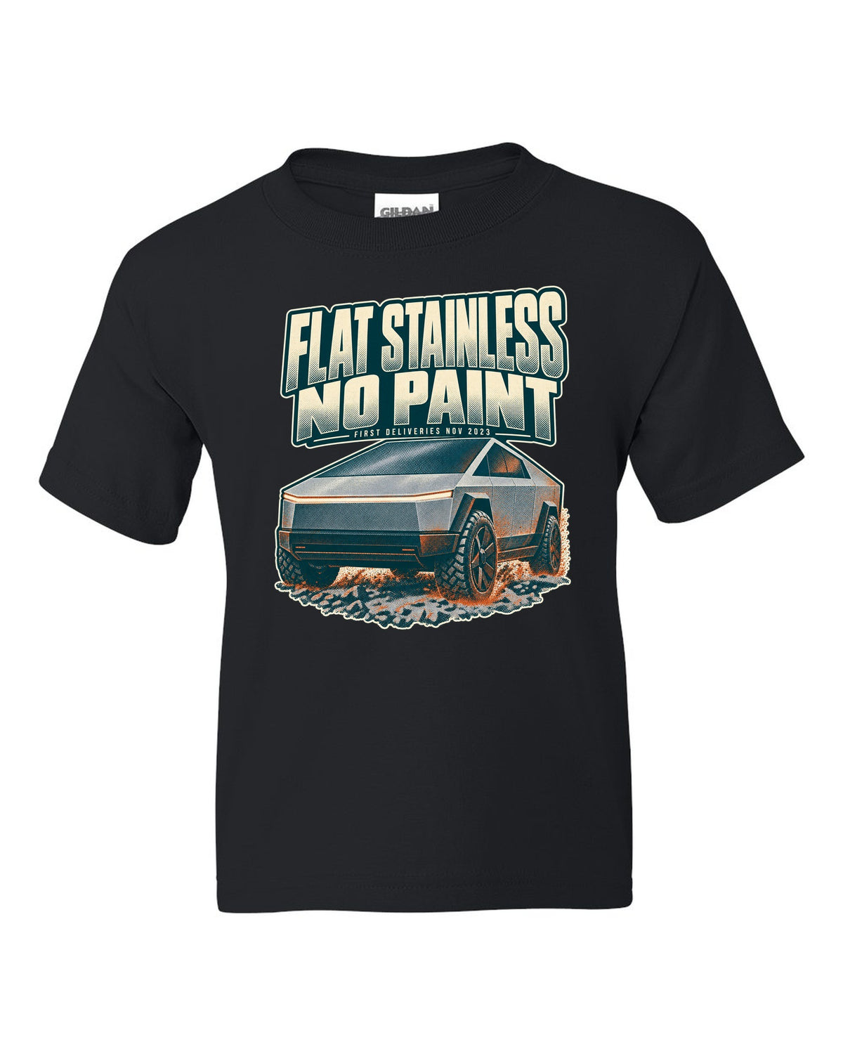 Halftone print of a Tesla Cybertruck front three-quarter with flat stainless text black kids tee front view with the design
