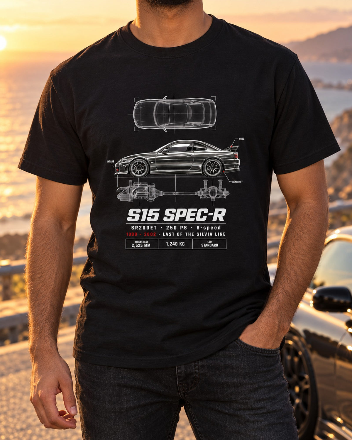 S15 Silvia Spec-R Spec Sheet Poster Tee, 1999-2002 Nissan T-Shirt Black worn hero