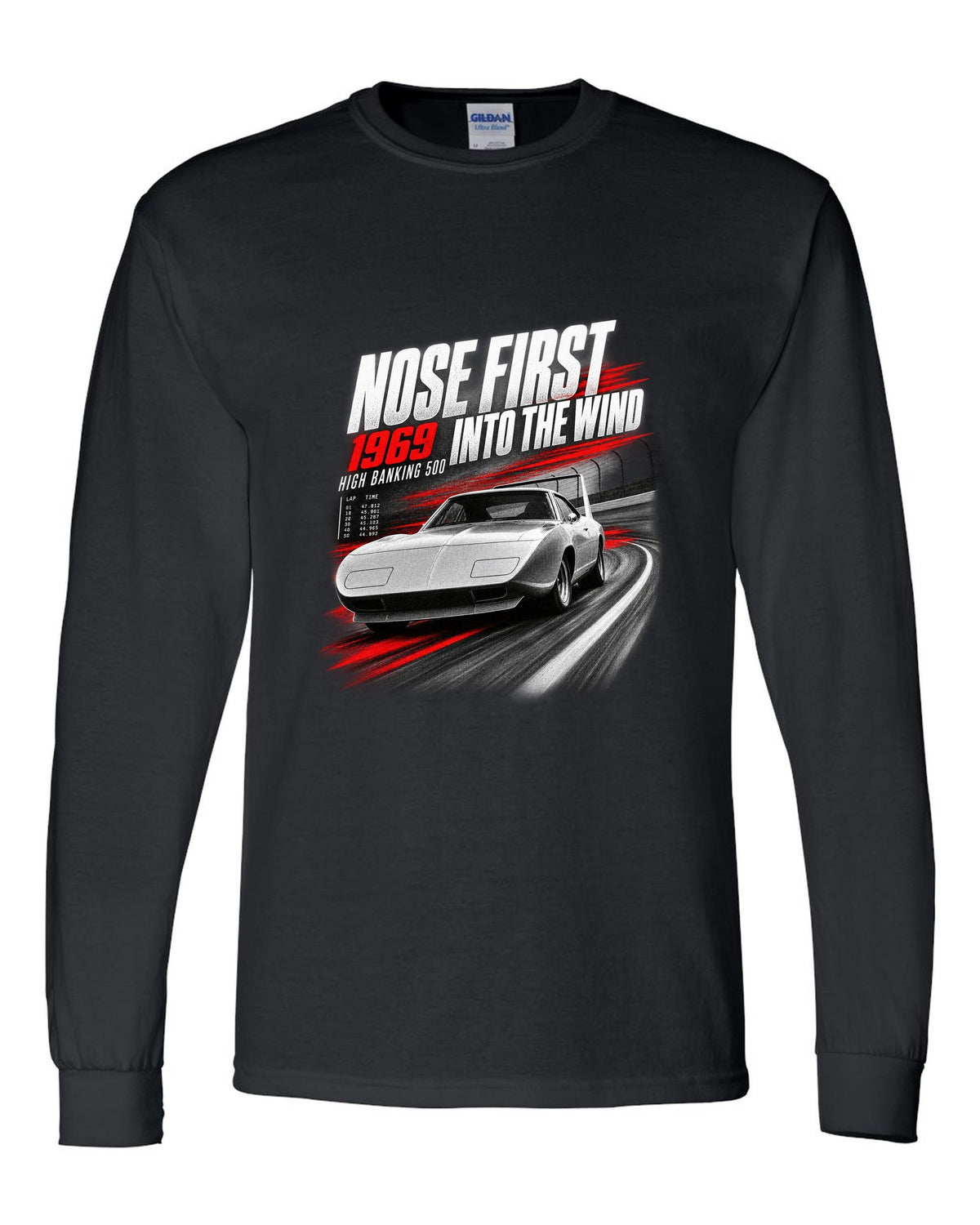 1969 Dodge Charger Daytona race poster print with nose first into the wind lettering black long sleeve front view with the design