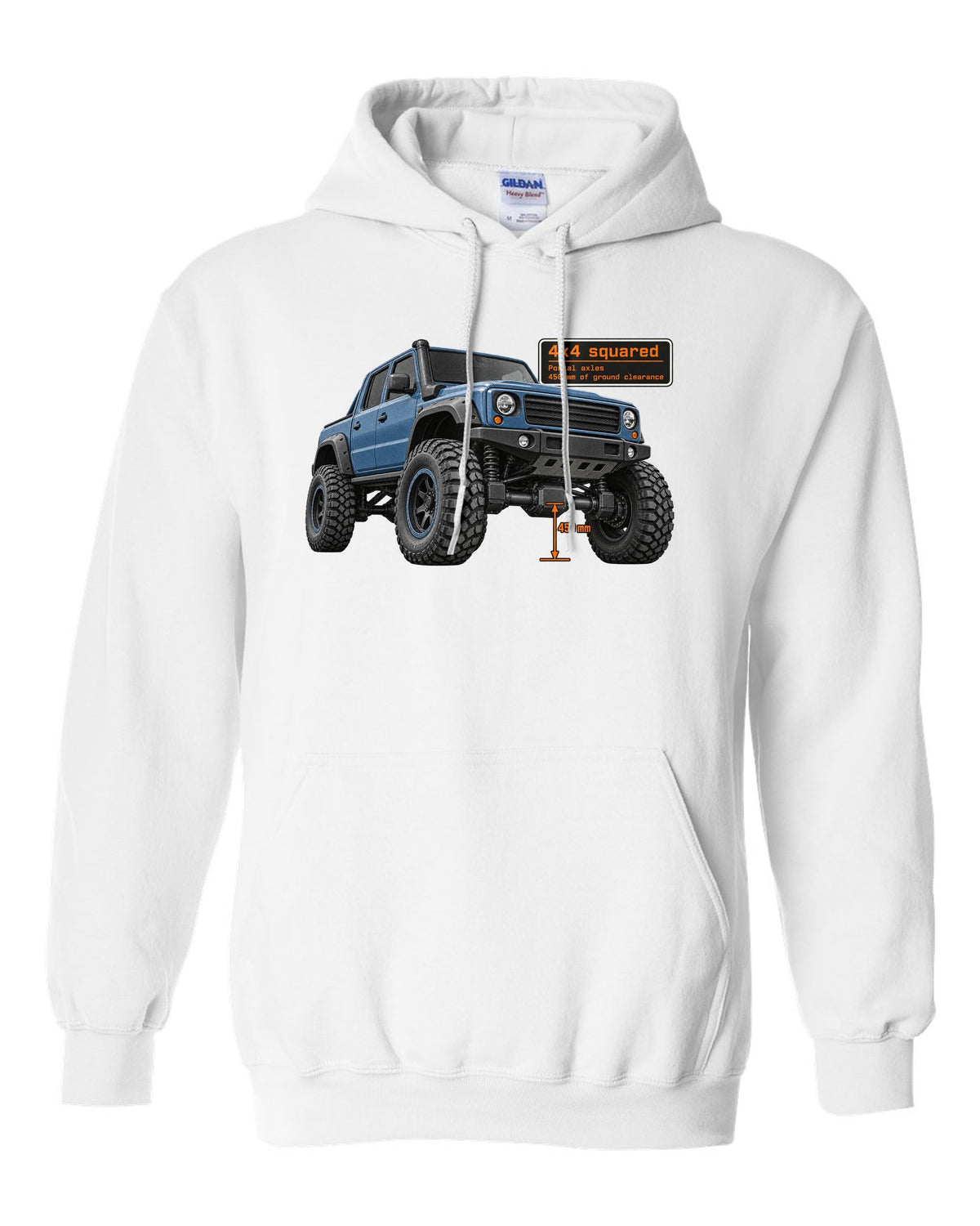 Halftone print of a Mercedes-AMG G63 4x4 squared W463 white pull over hoodie front view with the design