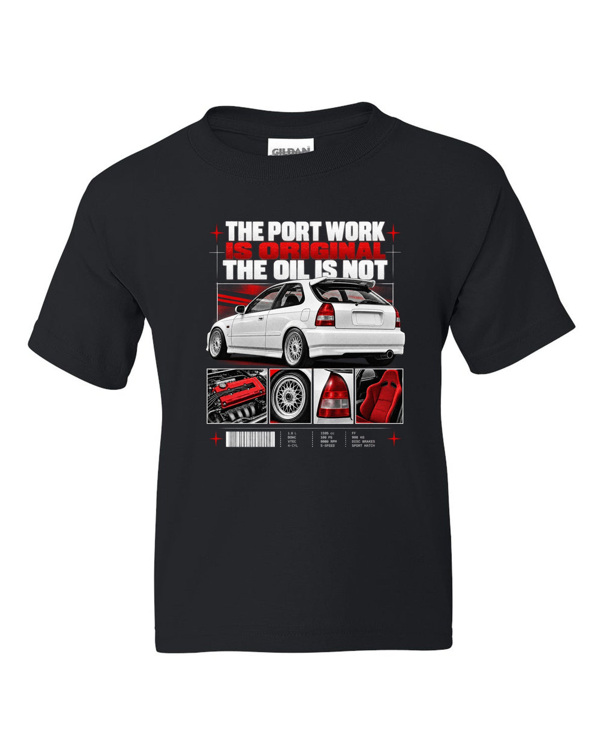 Dossier panel print of a 1998 Honda Civic EK9 chback with port work text black kids tee front view with the design