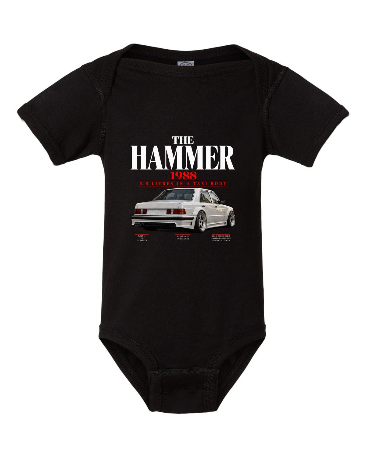 Mercedes 300E 5.6 AMG Hammer W124 editorial print with 1988 headline black baby onesie front view with the design