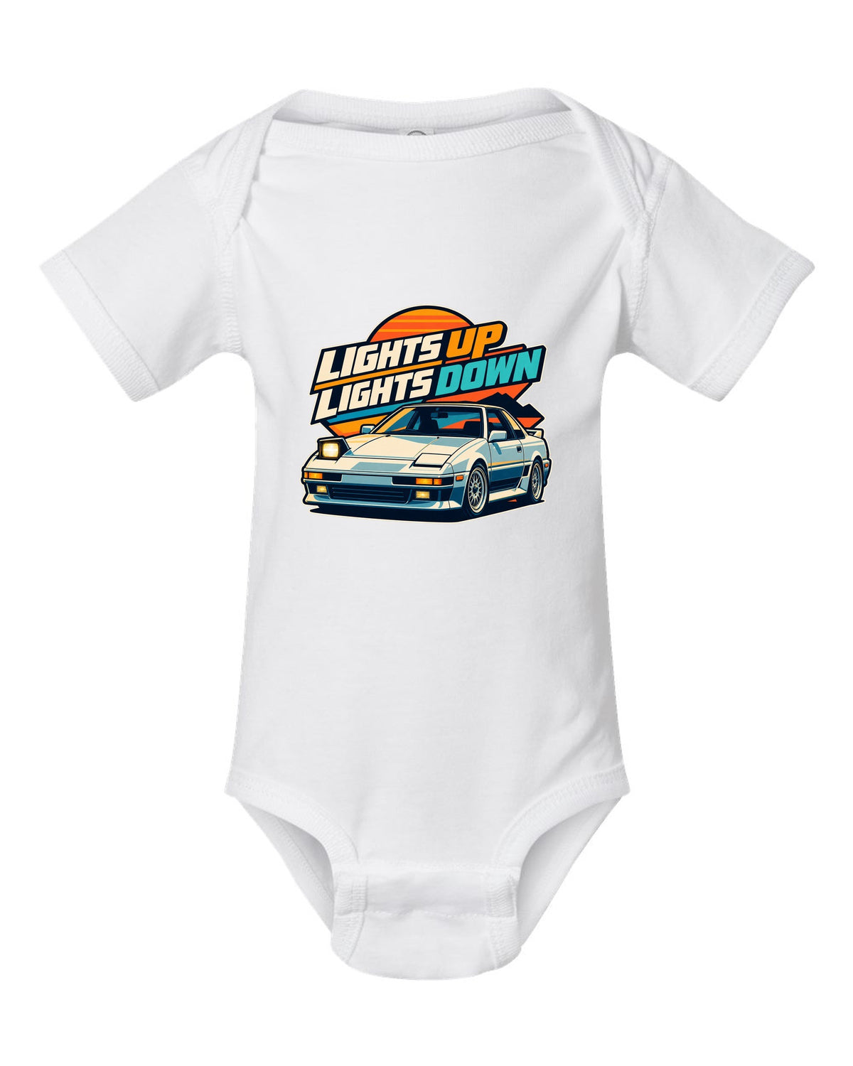 Pixel art of a Toyota AE86 Sprinter Trueno with pop-up headlights raised white baby onesie front view with the design