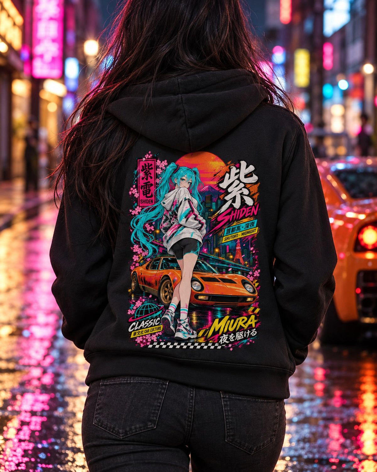 SHIDEN MIURA Anime Girl Full-Back Graphic Tee Zip Hoodie Black worn hero