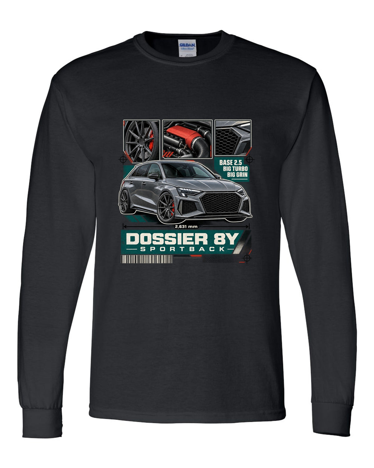 Three-panel dossier of an Audi RS3 8Y Sportback pre-facelift black long sleeve front view with the design