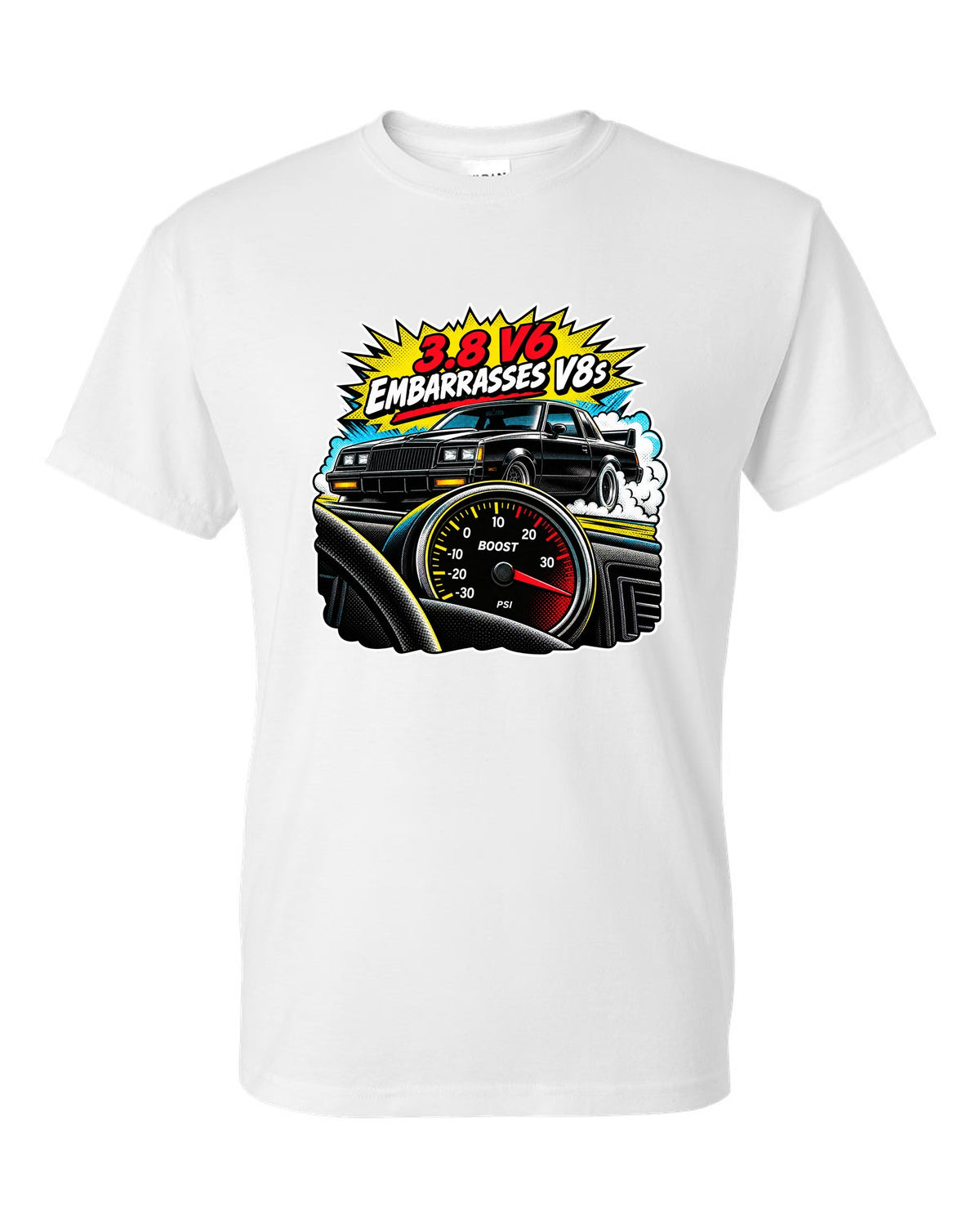 Comic halftone pop-art illustration of a 1987 Buick Grand National with boost gauge and V6 lettering white t-shirt front view with the design