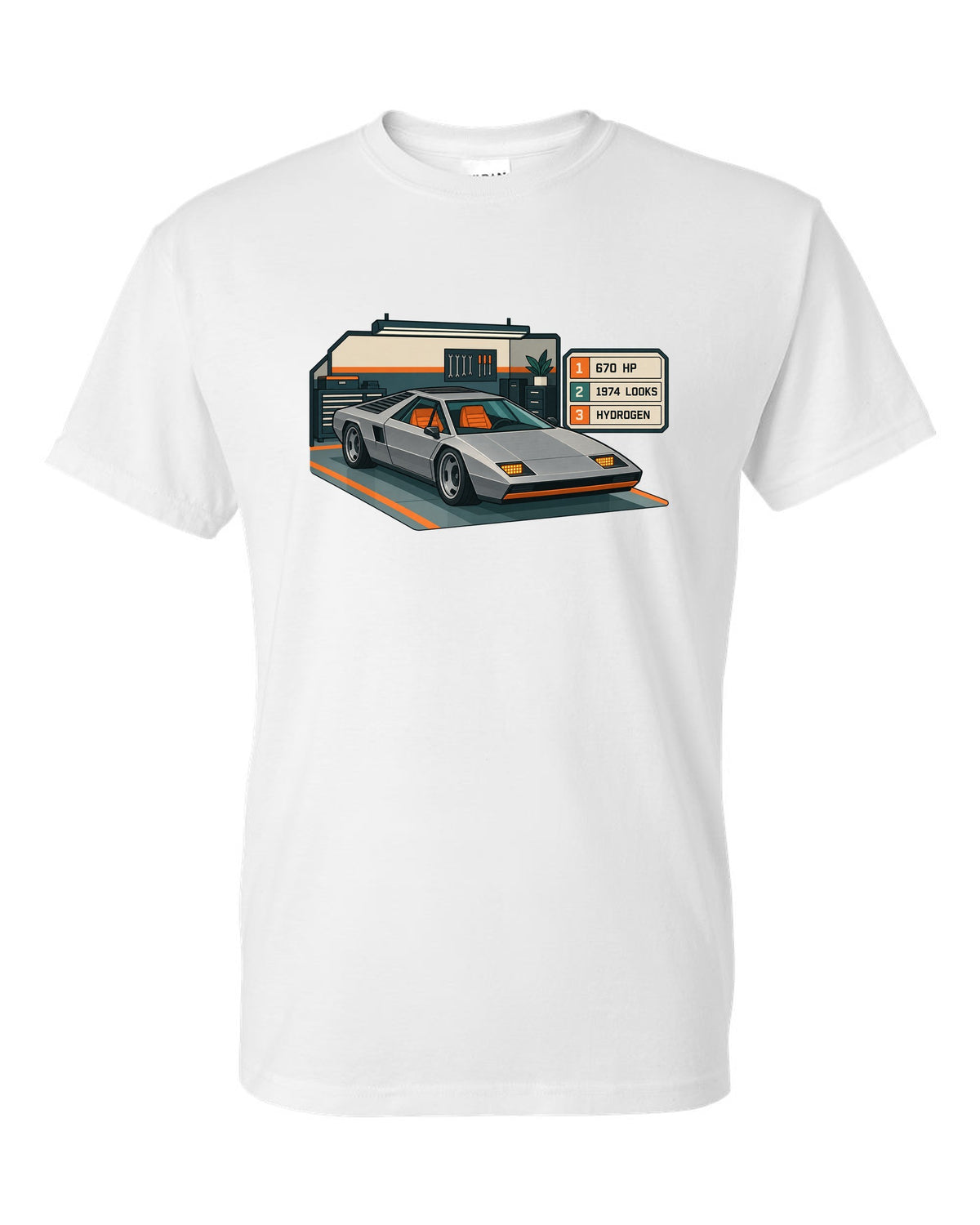 Hyundai N Vision 74 concept spec-sheet data plate print with 670 HP and hydrogen text white t-shirt front view with the design