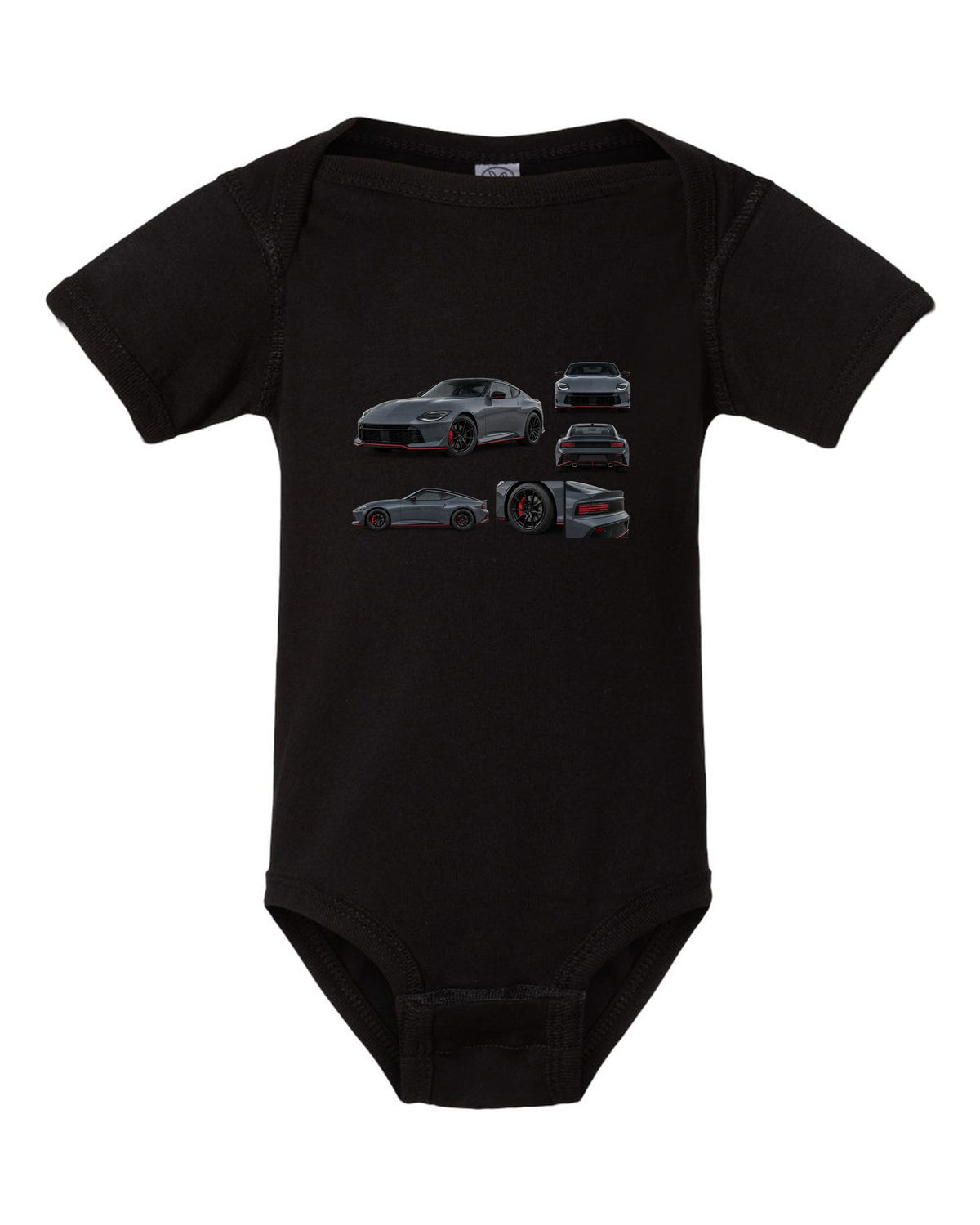Halftone style print of a 2024 Nissan Z RZ34 Sport with VR30DDTT text black baby onesie front view with the design