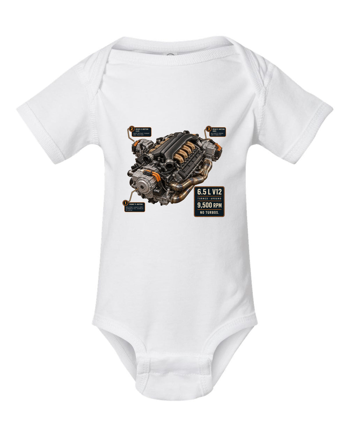 Engine hero print of the Lamborghini Revuelto L545 V12 white baby onesie front view with the design