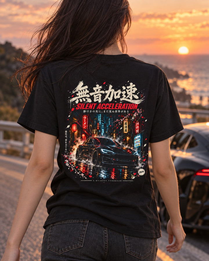 Tesla Model S Plaid Silent Acceleration Shirt, Hoodie & More T-Shirt Black worn hero
