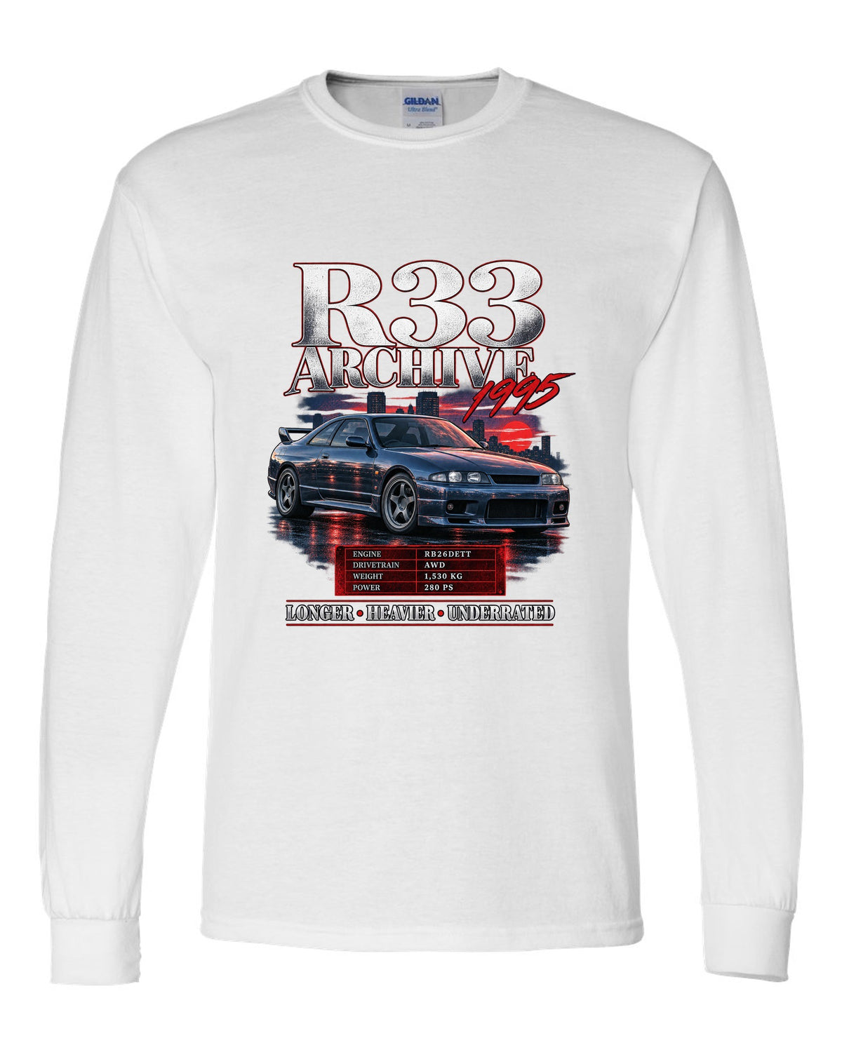 Archive panel print of a Nissan Skyline GT-R R33 BCNR33 with spec lettering white long sleeve front view with the design