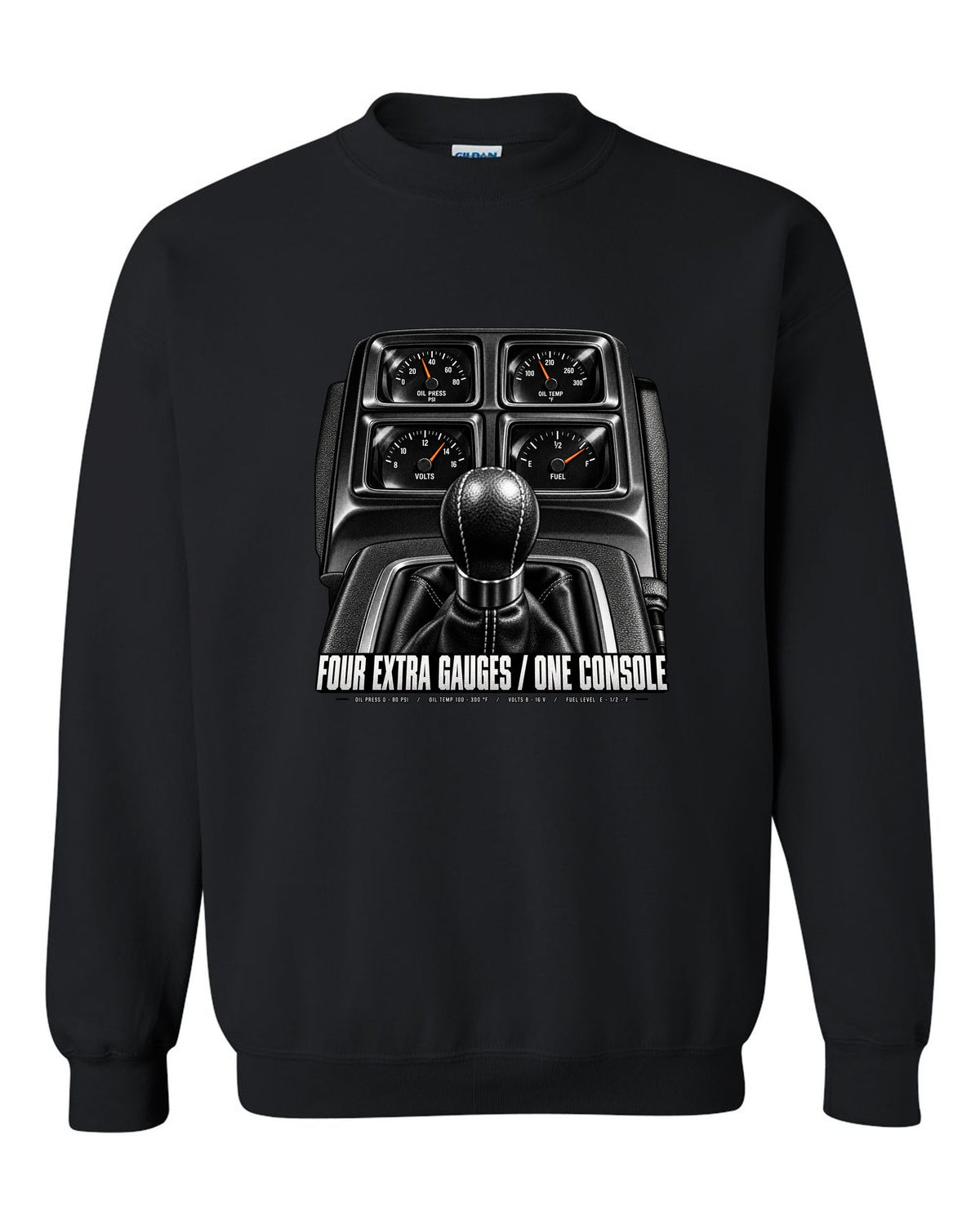Cockpit print of a 2010 Chevrolet Camaro SS console gauge pod with four extra gauges text black crewneck front view with the design
