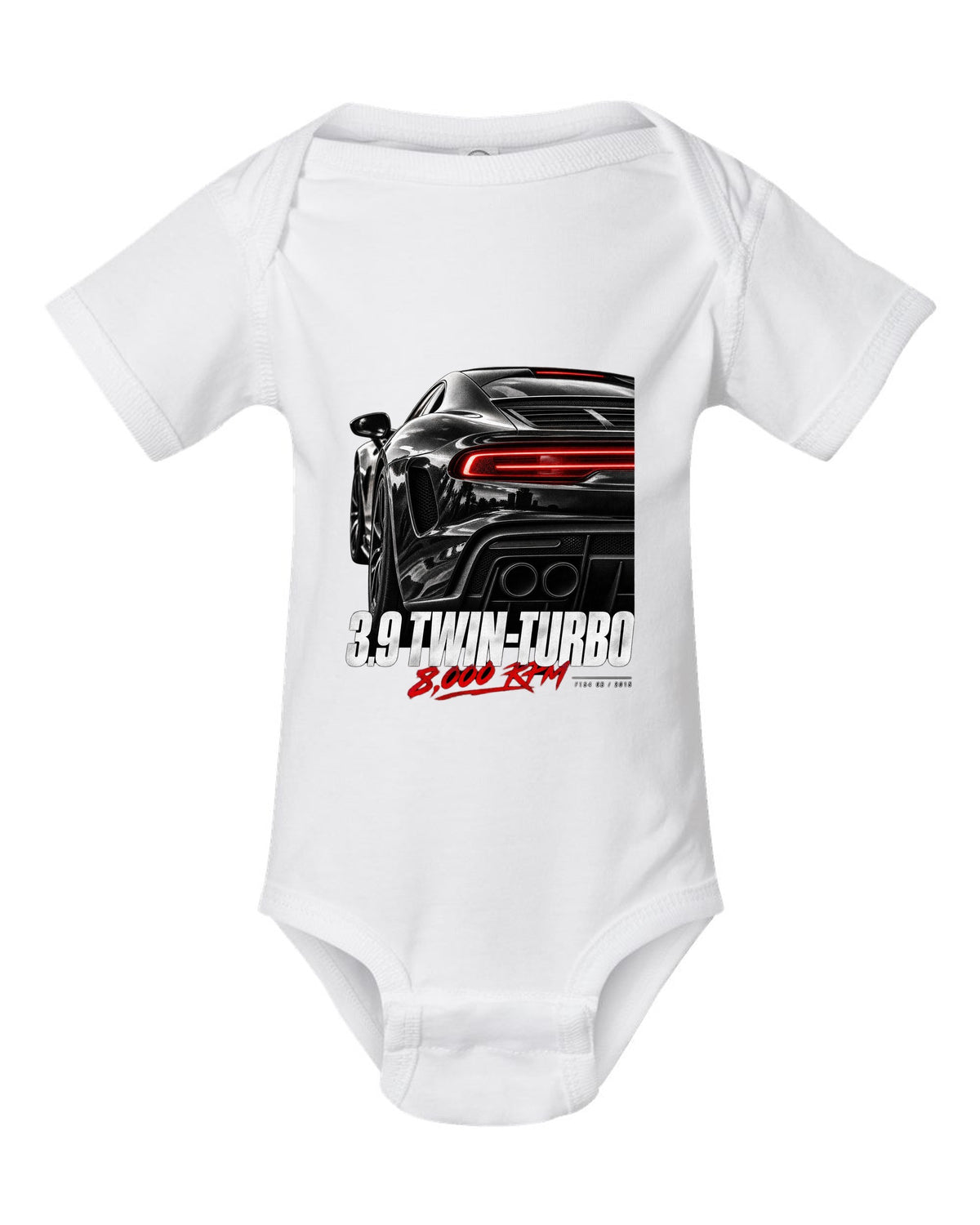 Macro print of a Ferrari 488 GTB rear with 3.9 twin-turbo and 8,000 rpm text white baby onesie front view with the design