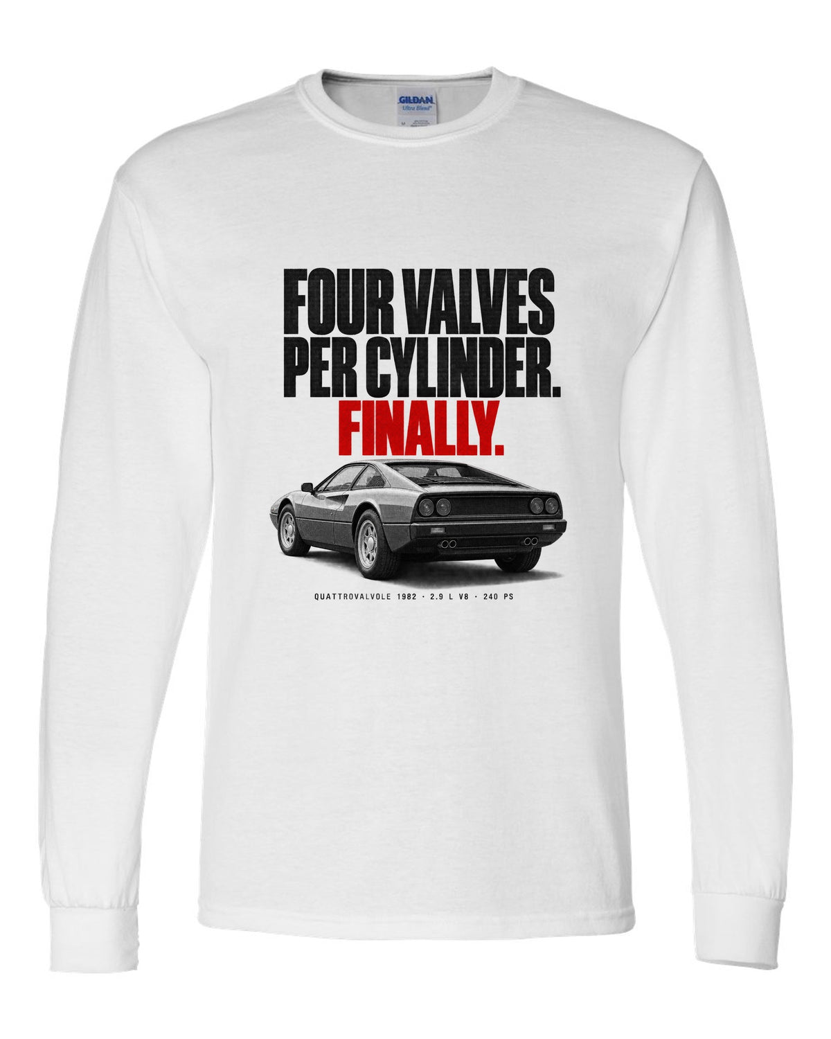 Ferrari 308 GTB Quattrovalvole 1982 rear three-quarter halftone print, four valves per cylinder white long sleeve front view with the design