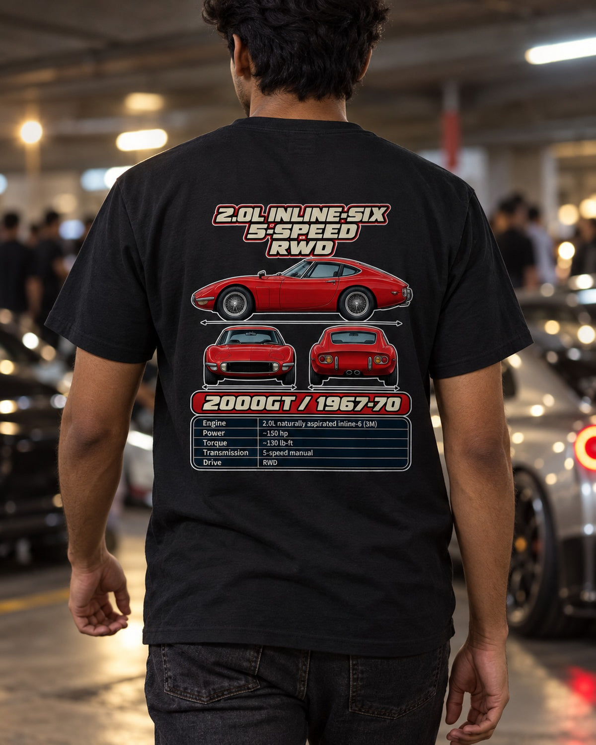 Toyota 2000Gt Spec Sheet Full-Back Graphic Tee T-Shirt Black worn hero