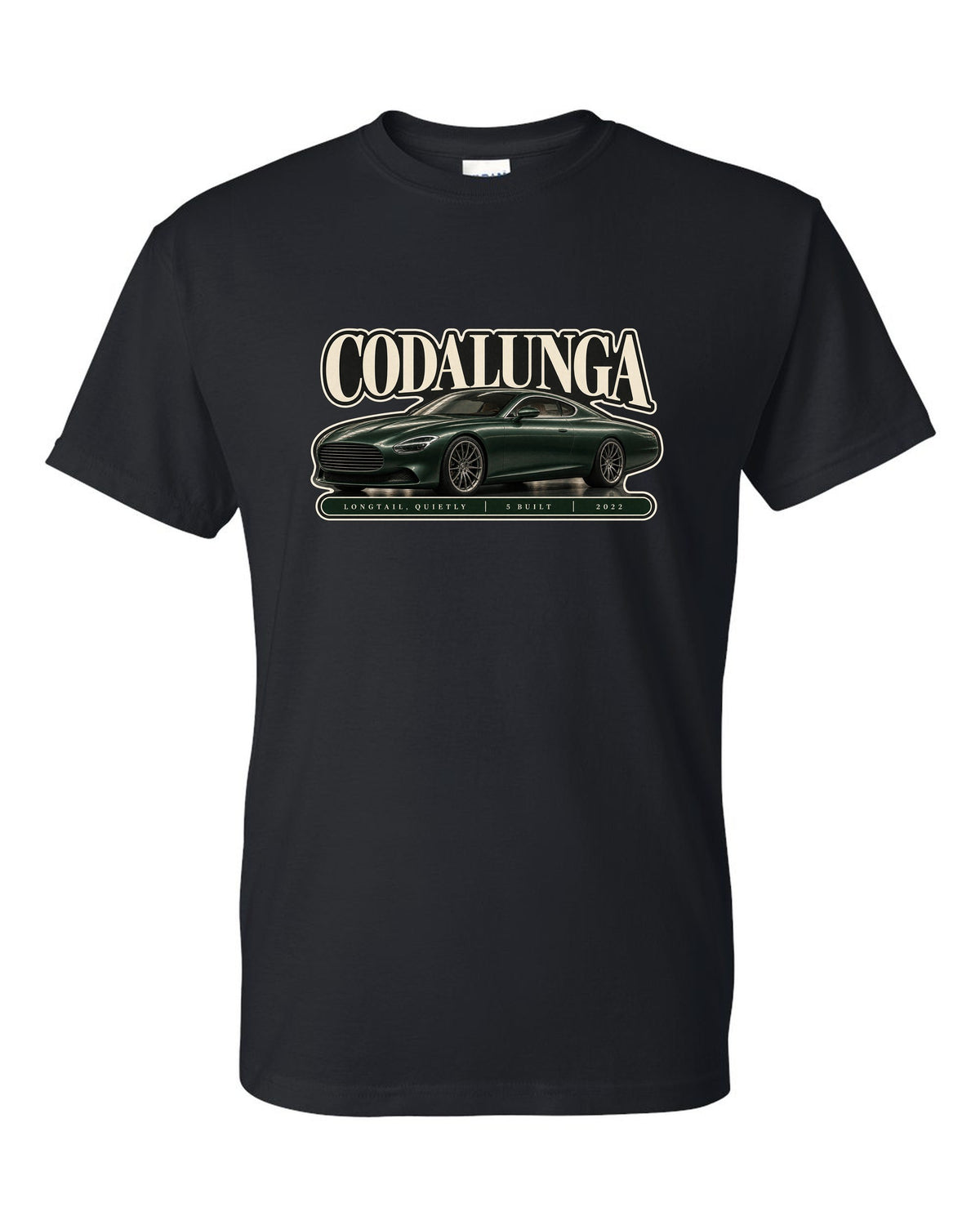 Editorial headline print of the Pagani Huayra Codalunga with the text Codalunga, longtail, quietly, 5 built, 2022 black t-shirt front view with the design