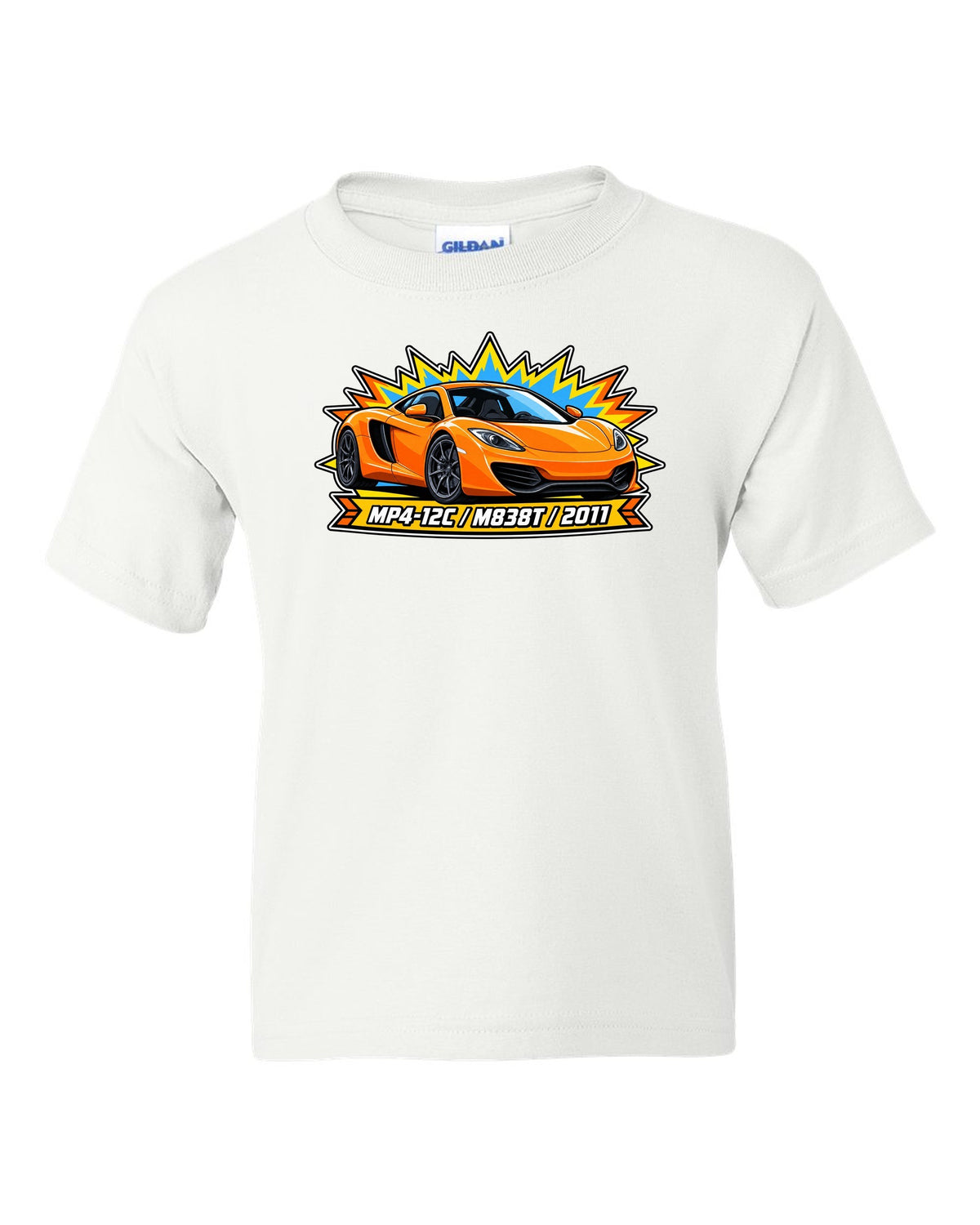 Toy blister card print of a McLaren 12C with MP4-12C, M838T and 2011 lettering white kids tee front view with the design