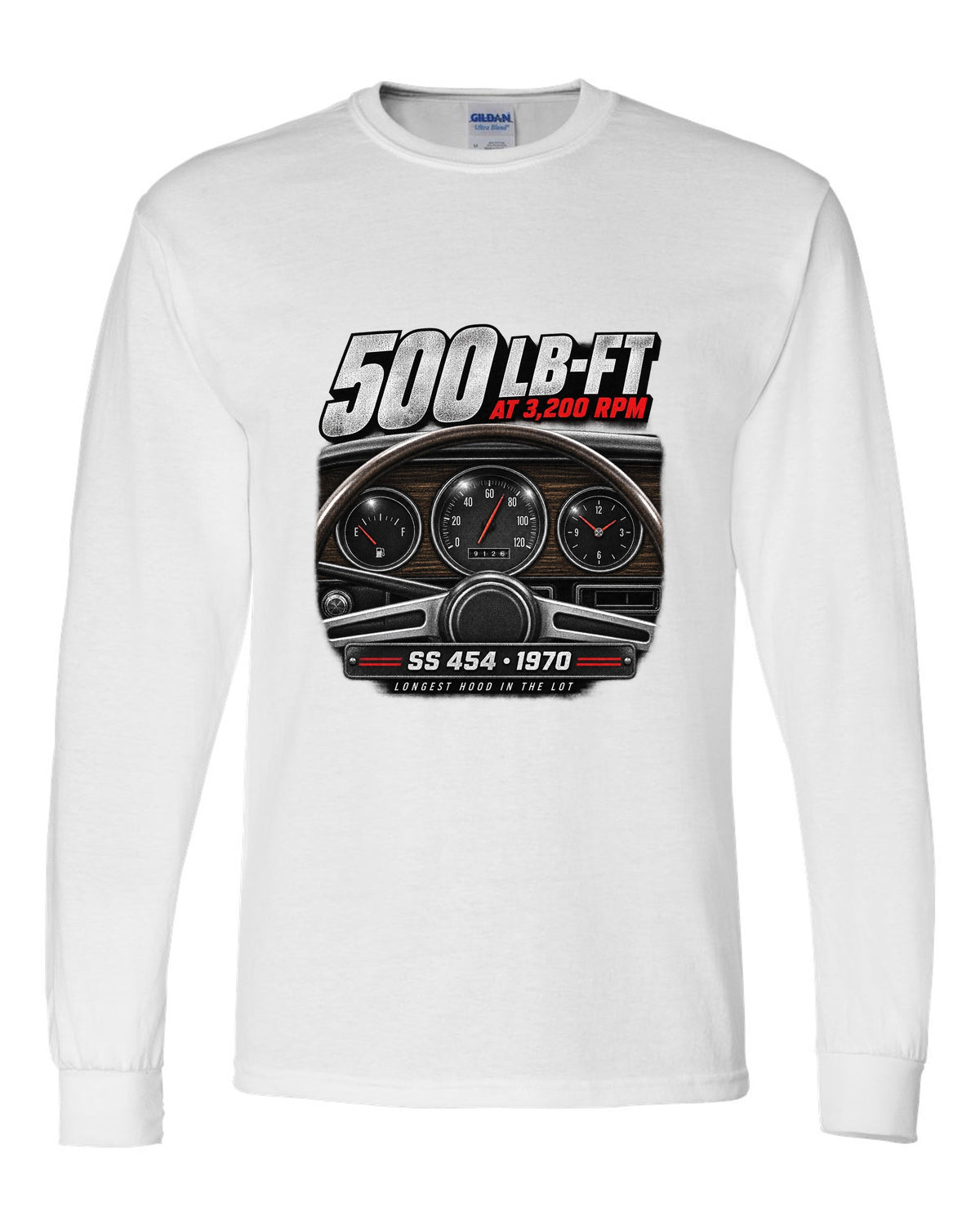 1970 Monte Carlo SS 454 gauge cockpit print with 500 lb-ft torque text white long sleeve front view with the design