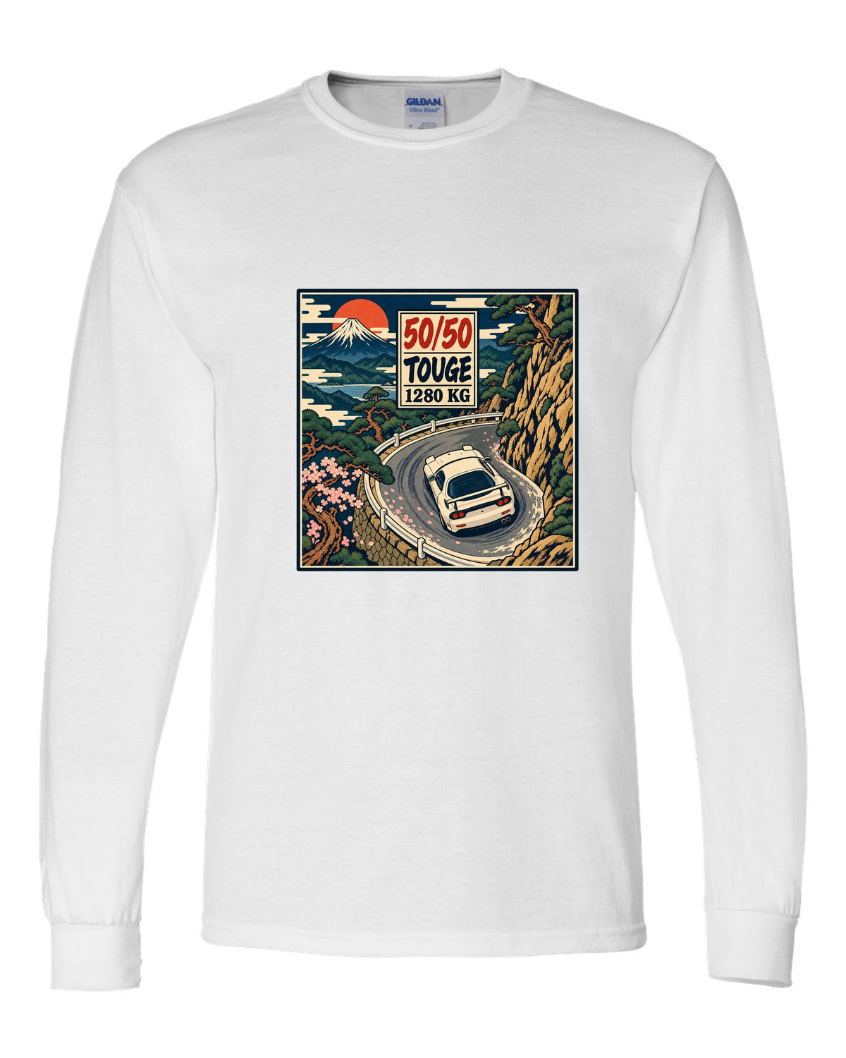 Lo-fi anime harbour dusk scene with a Mazda RX-7 FD3S and SA22C and HIROSHIMA lettering white long sleeve front view with the design