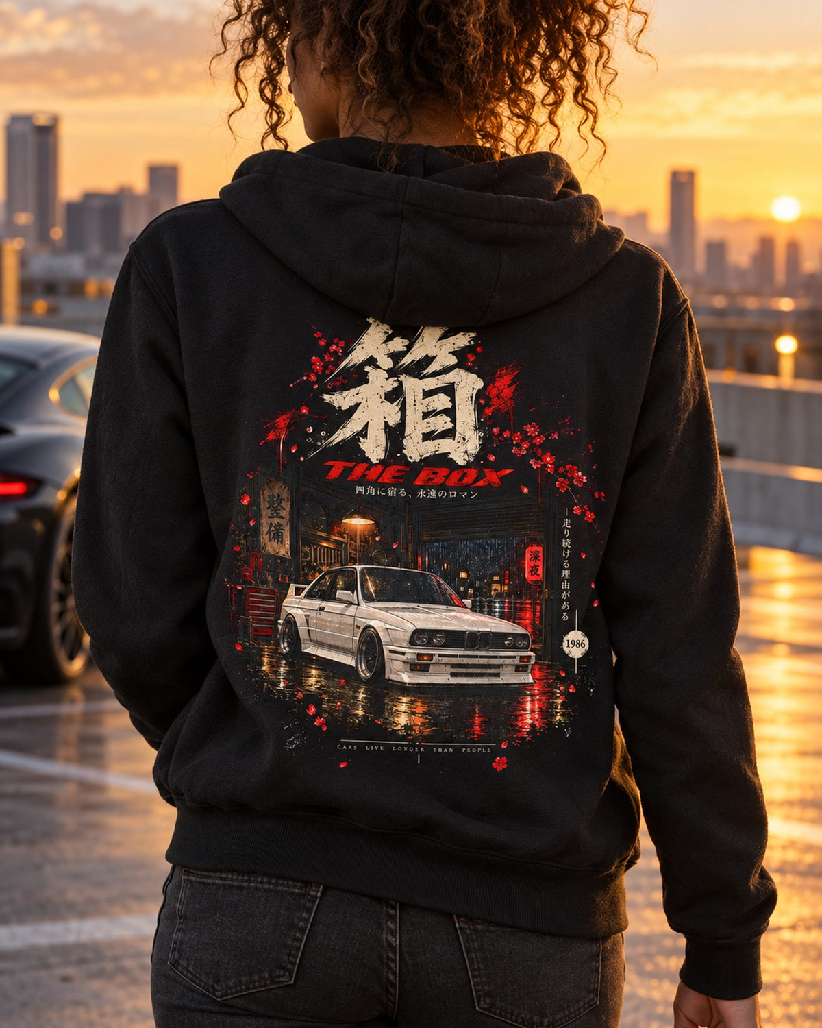 BMW M3 E30 The Box Shirt, Hoodie & More Zip Hoodie Black worn hero