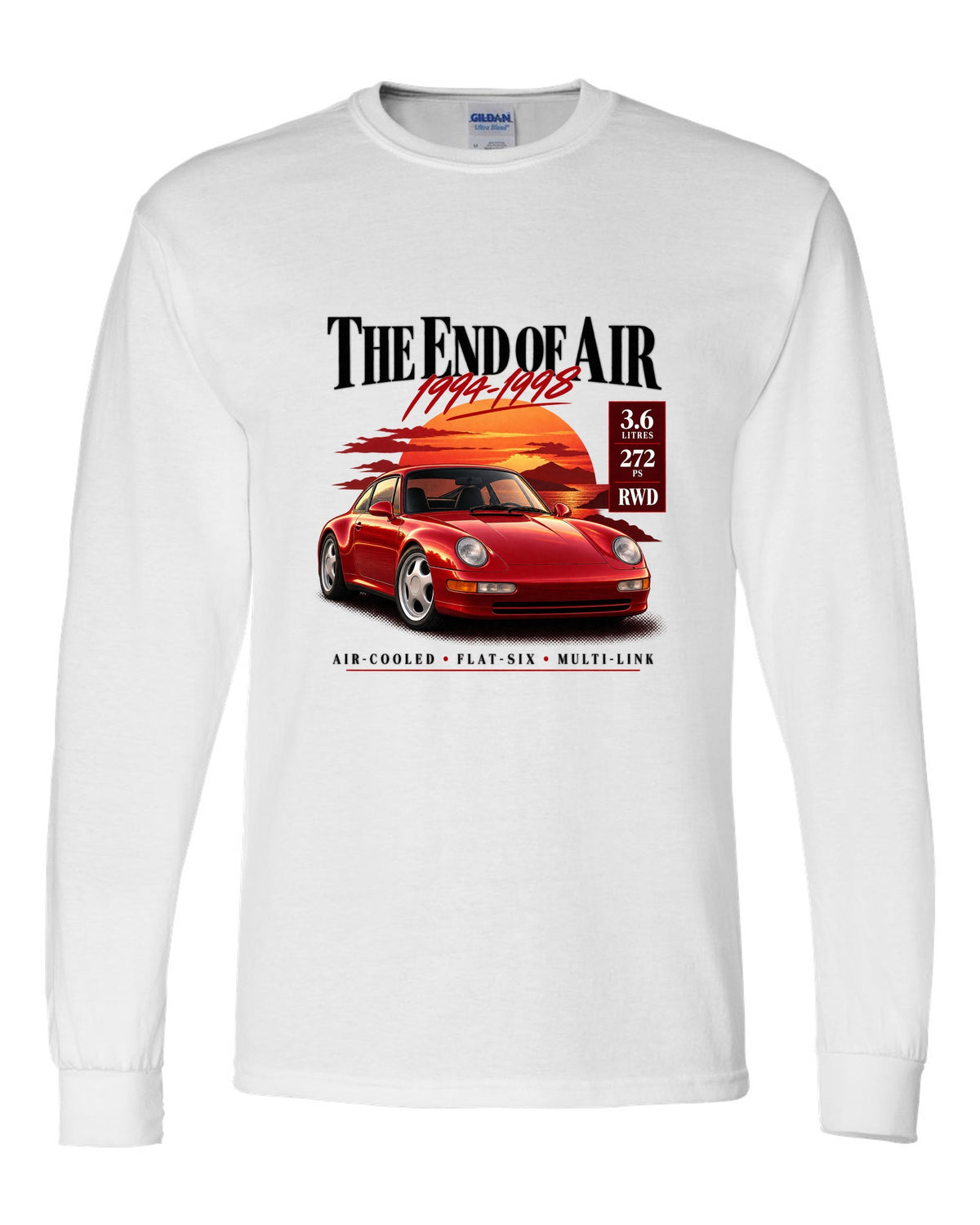 Archive panel print of a Porsche 911 Carrera (993) coupe with the heading The End Of Air and spec list white long sleeve front view with the design
