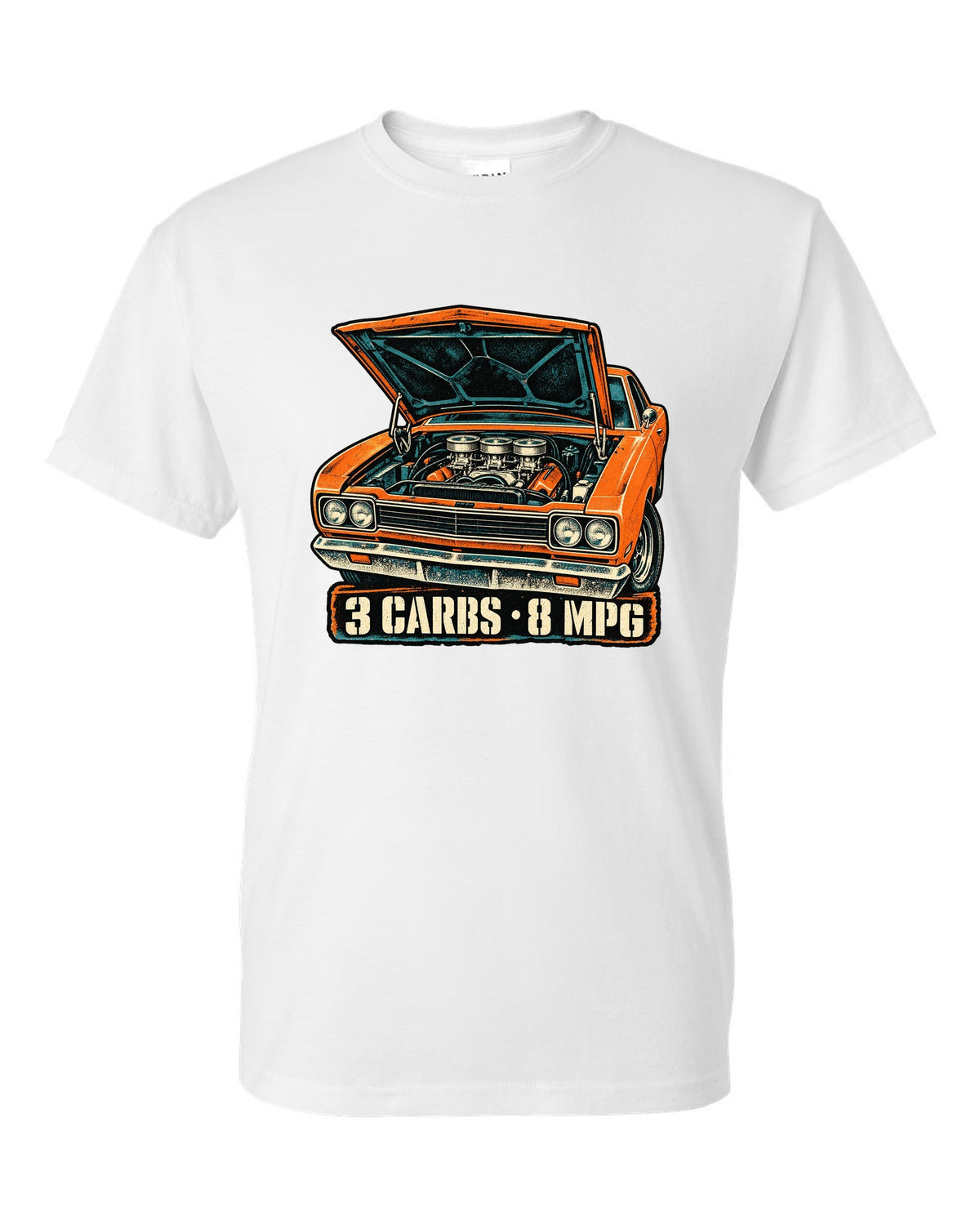 Four-colour grunge screen-print of a 1969 Plymouth Road Runner Six Pack with 3 carbs 8 MPG text white t-shirt front view with the design