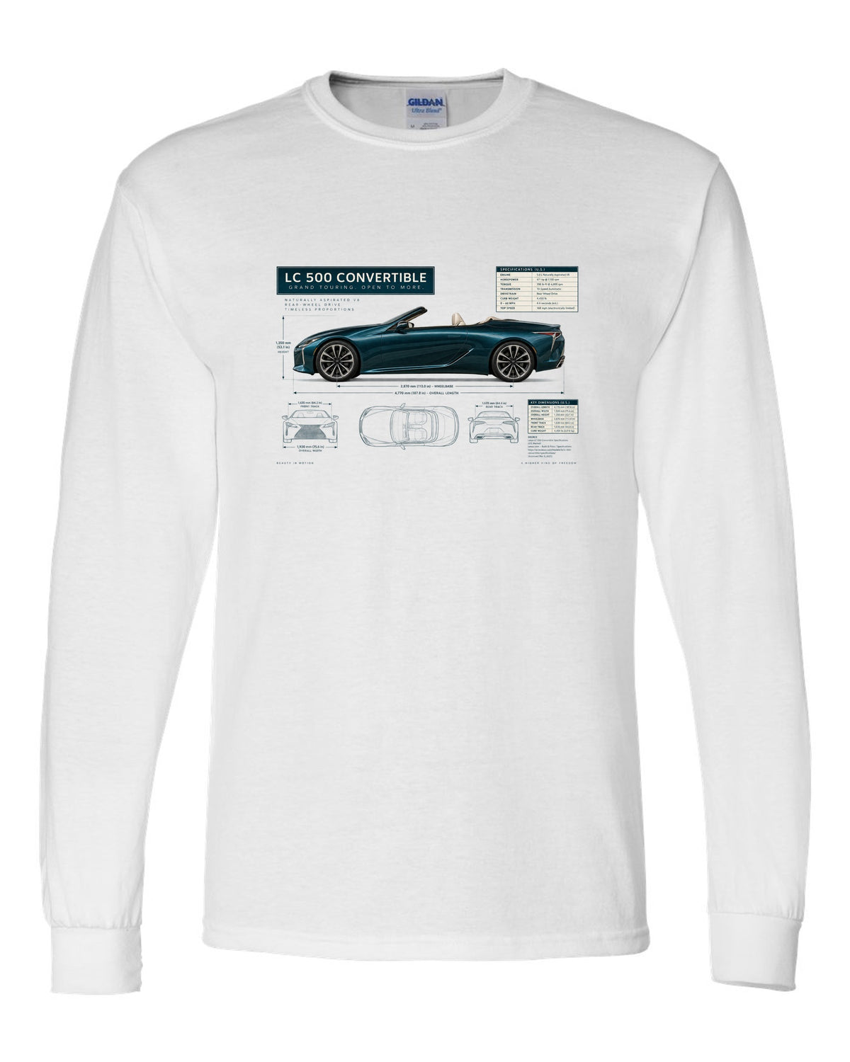 Dimension blueprint of the Lexus RC F with engine code and power figure white long sleeve front view with the design