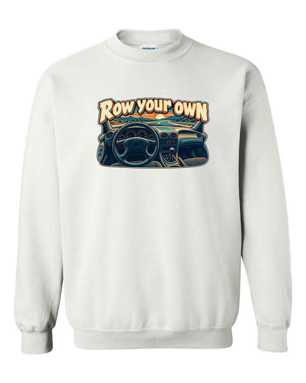 Risograph halftone Ford Mustang SN95 with the words Row your own white crewneck front view with the design