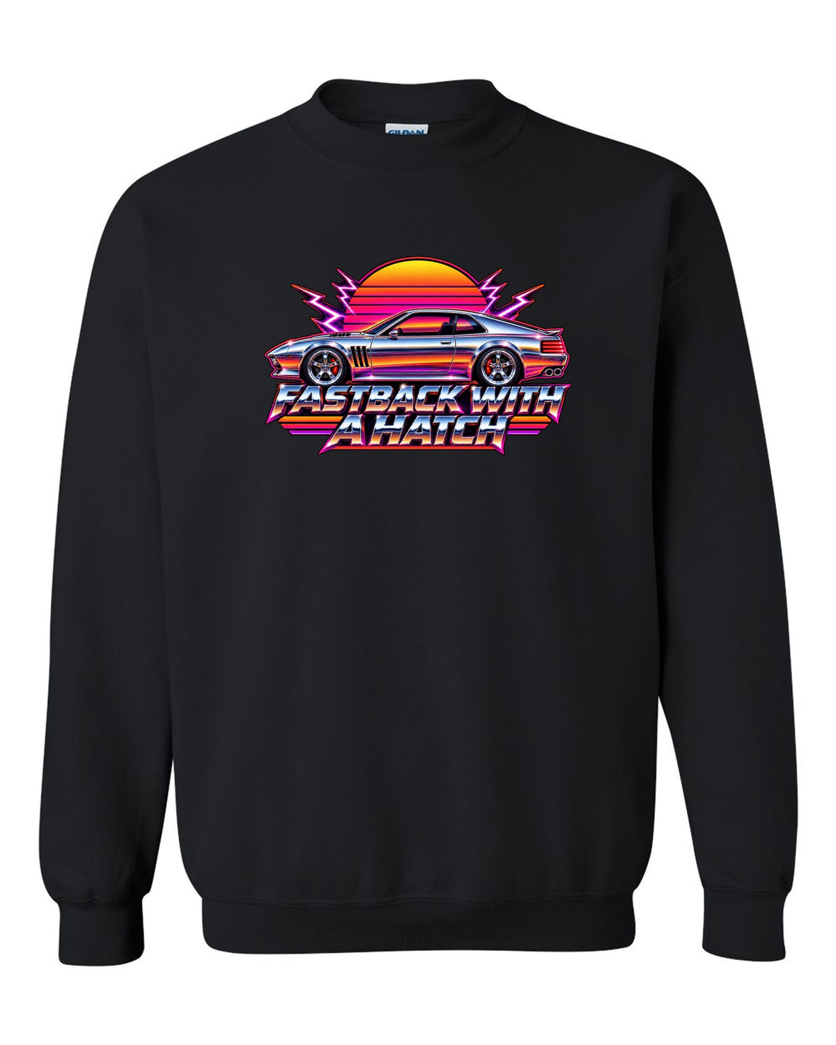 Kia Stinger GT CK 80s airbrush chrome sunset print with fastback with a ch text black crewneck front view with the design