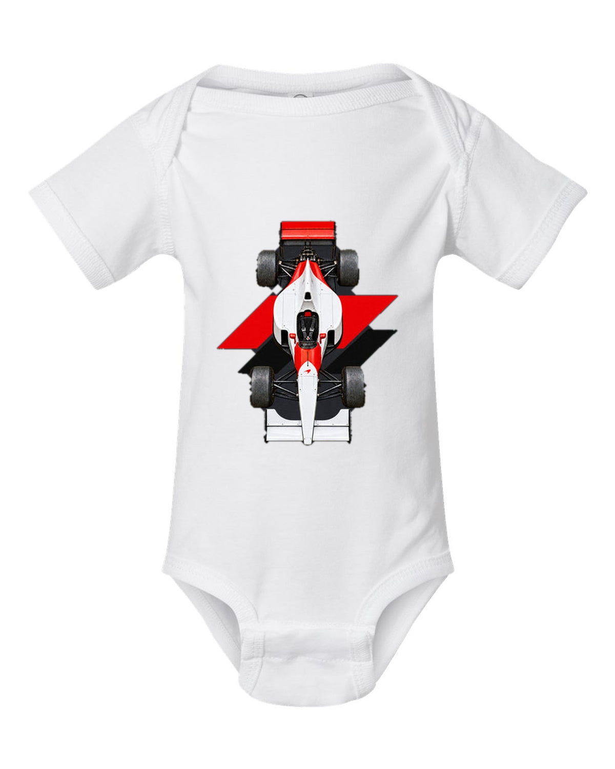 Mclaren MP4 6 1991 Formula 1 overhead poster artwork white baby onesie front view with the design