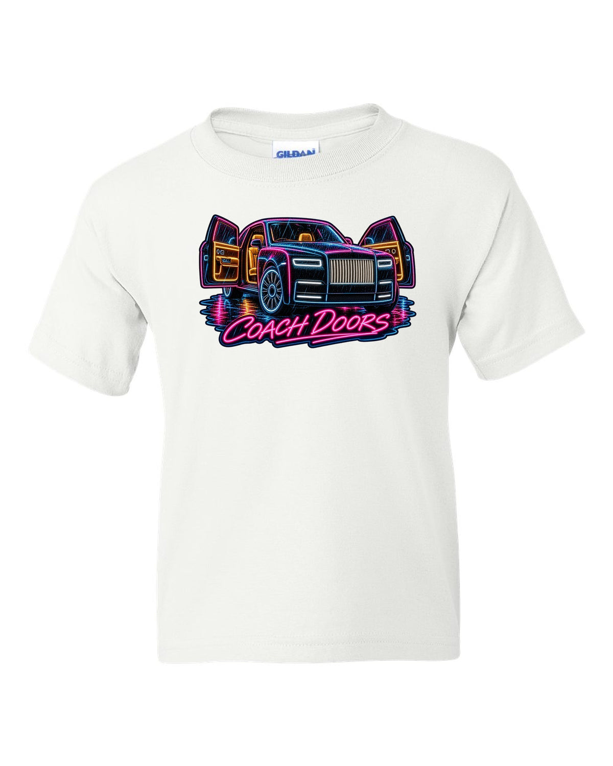 Neon sign style print of a Rolls-Royce Phantom VIII in rain with coach doors lettering white kids tee front view with the design