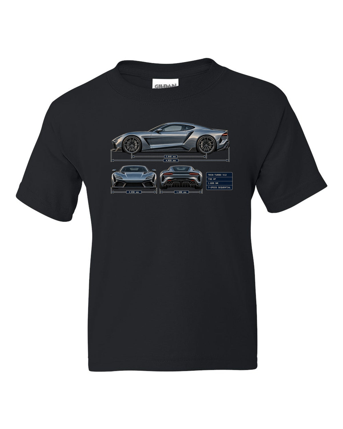 Three-view and spec table print of the Pagani Huayra coupe with 730 hp, 1,000 Nm, seven-speed sequential black kids tee front view with the design