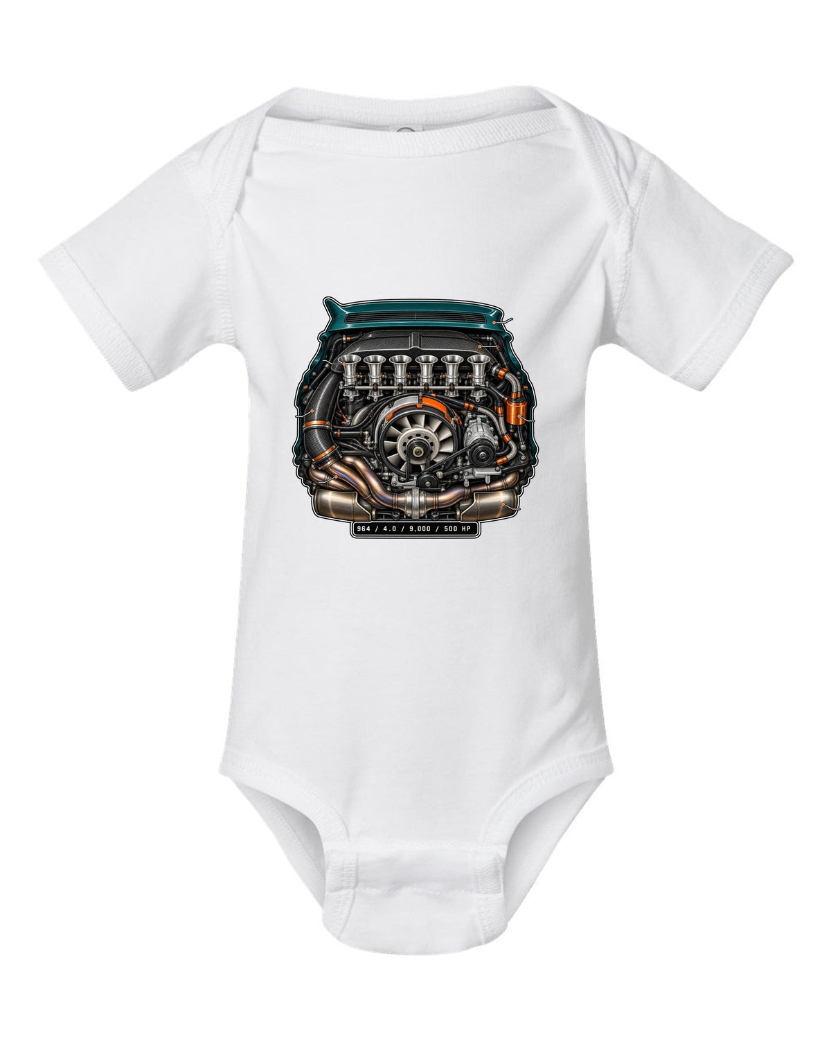 Porsche 911 SC 3.0 embroidery-style crest design reading head stud roulette white baby onesie front view with the design
