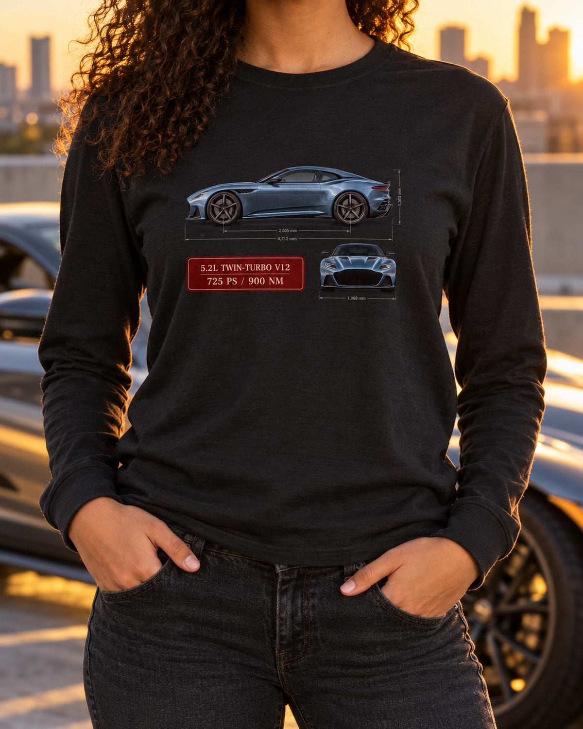 DBS Superleggera Spec Sheet Shirt, Aston Martin 5.2 Twin-Turbo V12 Long Sleeve Black worn hero