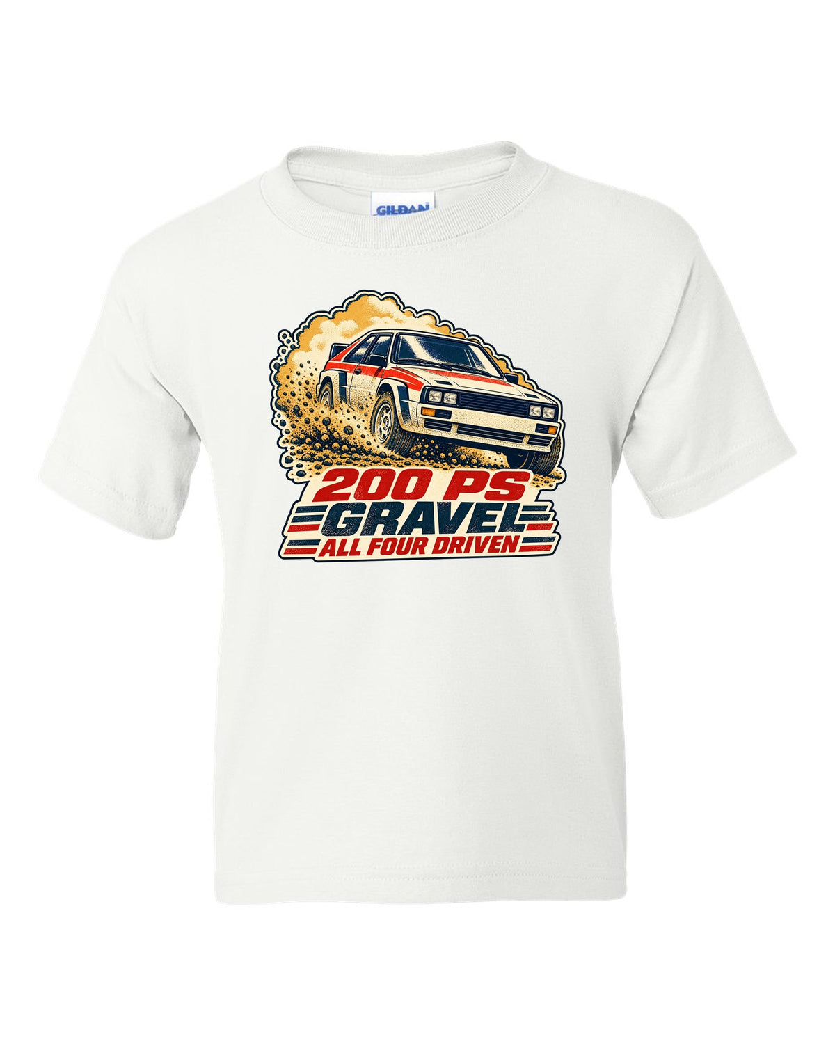 Vintage rally poster screenprint print of an Audi Ur-Quattro Type 85 on gravel white kids tee front view with the design