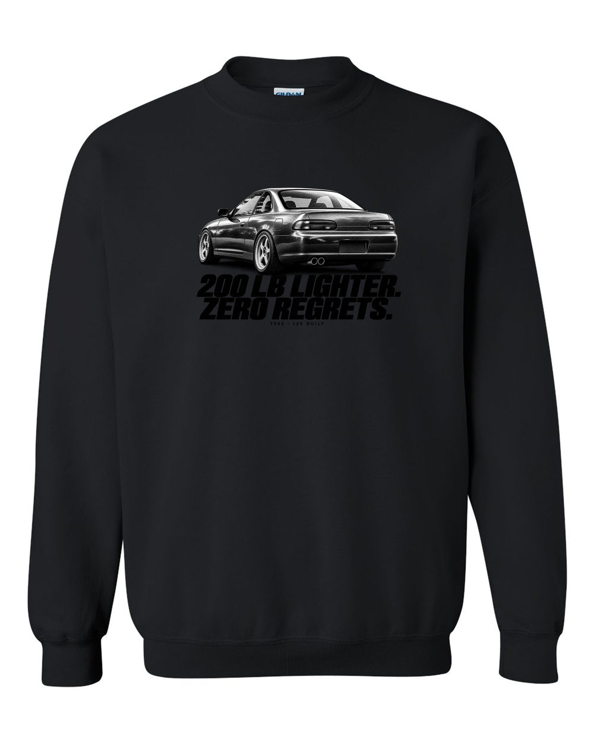 BMW E36 M3 Lightweight 1995 halftone print with 200 lb lighter and 126 built text black crewneck front view with the design