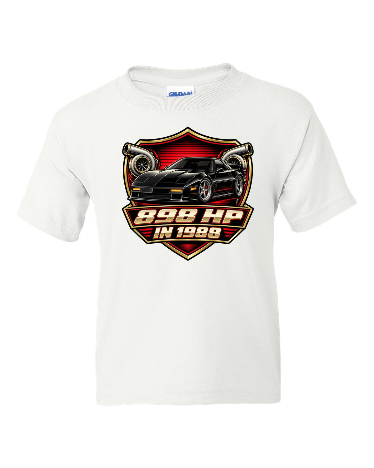 Badge crest design of a 2024 C8 hybrid AWD Corvette with 898 hp lettering white kids tee front view with the design